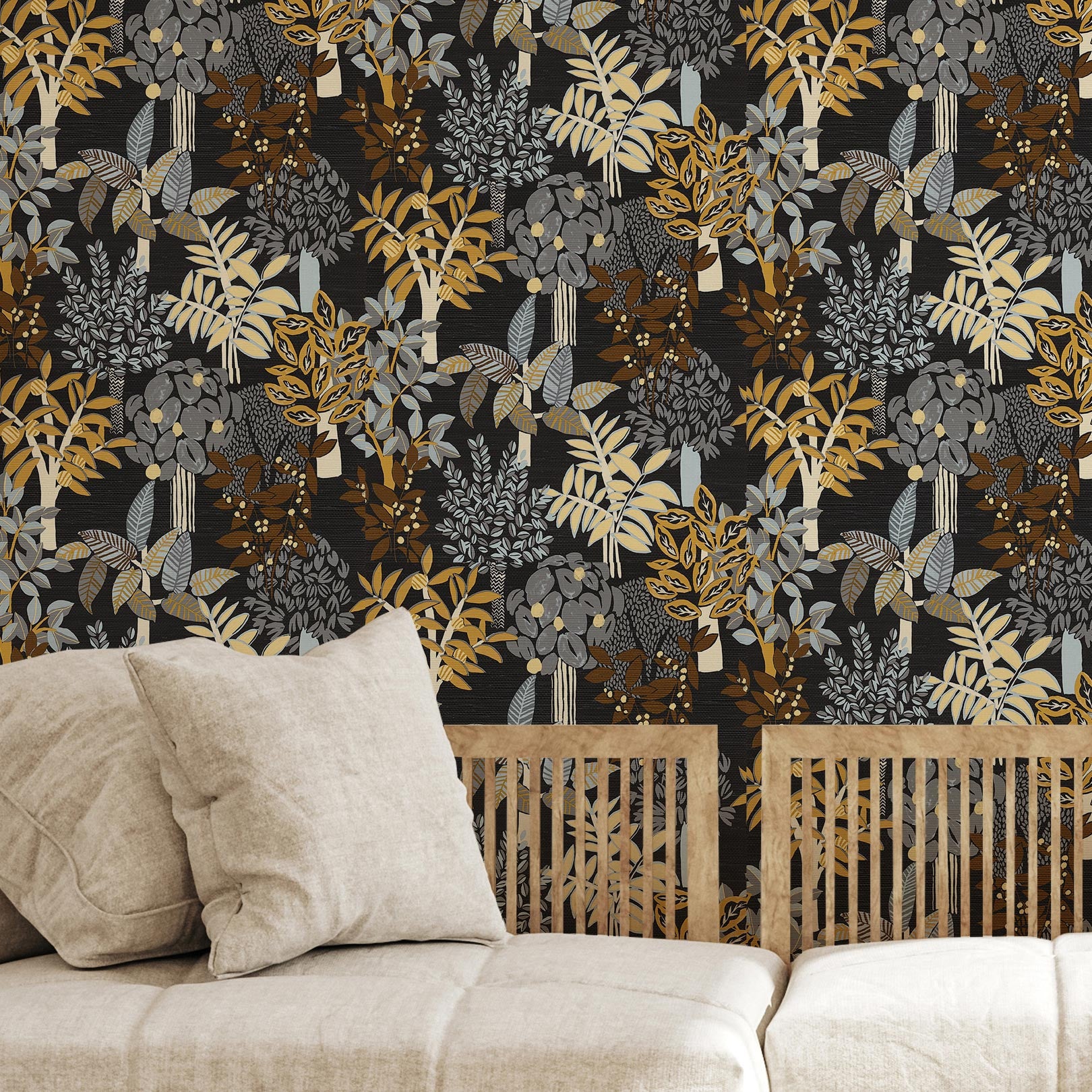 Tapeta so štruktúrou a rastlinným motívom PERADENIYA - NOIR/ACIER čierna so šedou