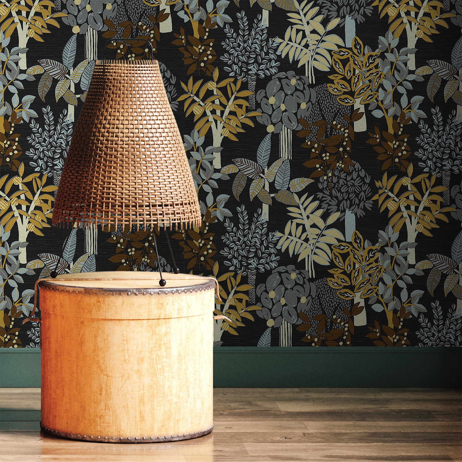 Tapeta so štruktúrou a rastlinným motívom PERADENIYA - NOIR/ACIER čierna so šedou