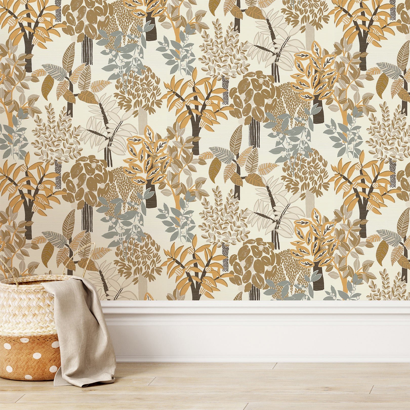 Štruktúrna tapeta s rastlinným motívom PERADENIYA - BLANC/MORDORE biela s hnedou