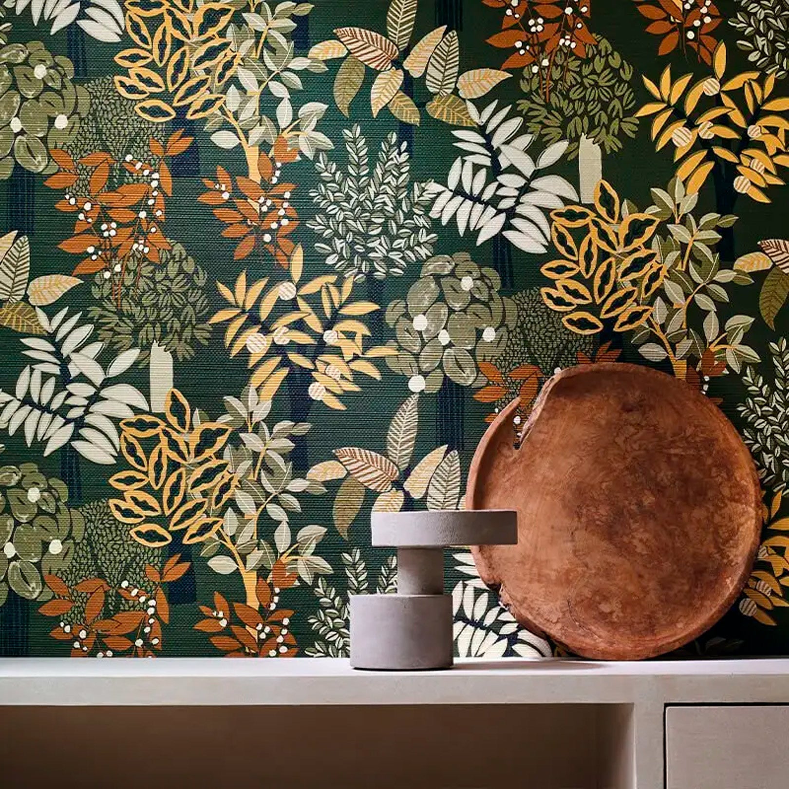 Štruktúrna tapeta s rastlinným motívom PERADENIYA - KAKI/PAILLE khaki so slamou