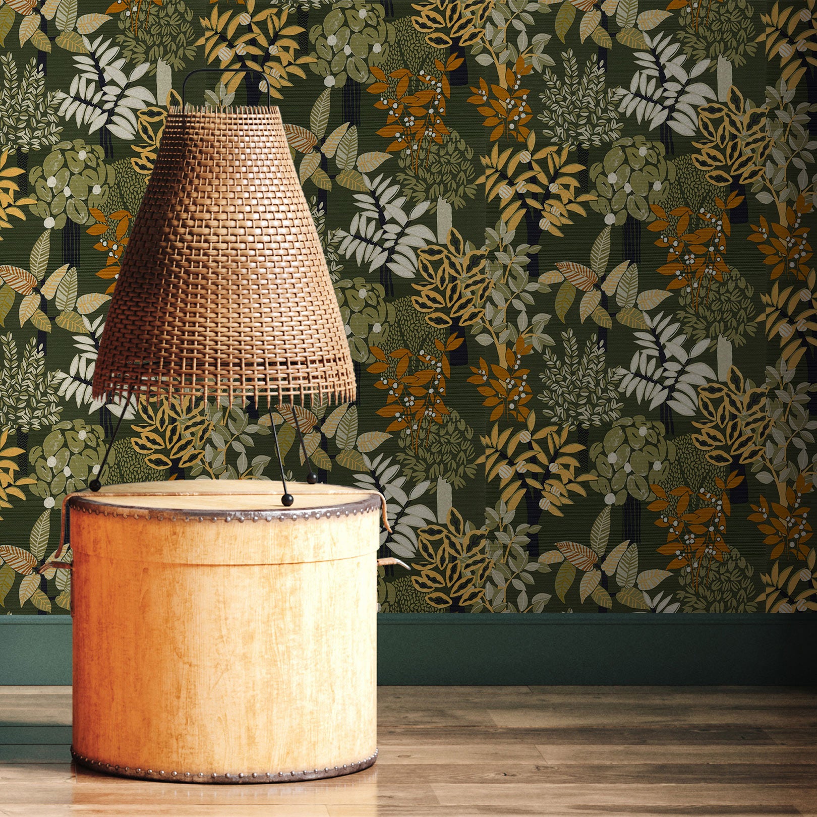Štruktúrna tapeta s rastlinným motívom PERADENIYA - KAKI/PAILLE khaki so slamou