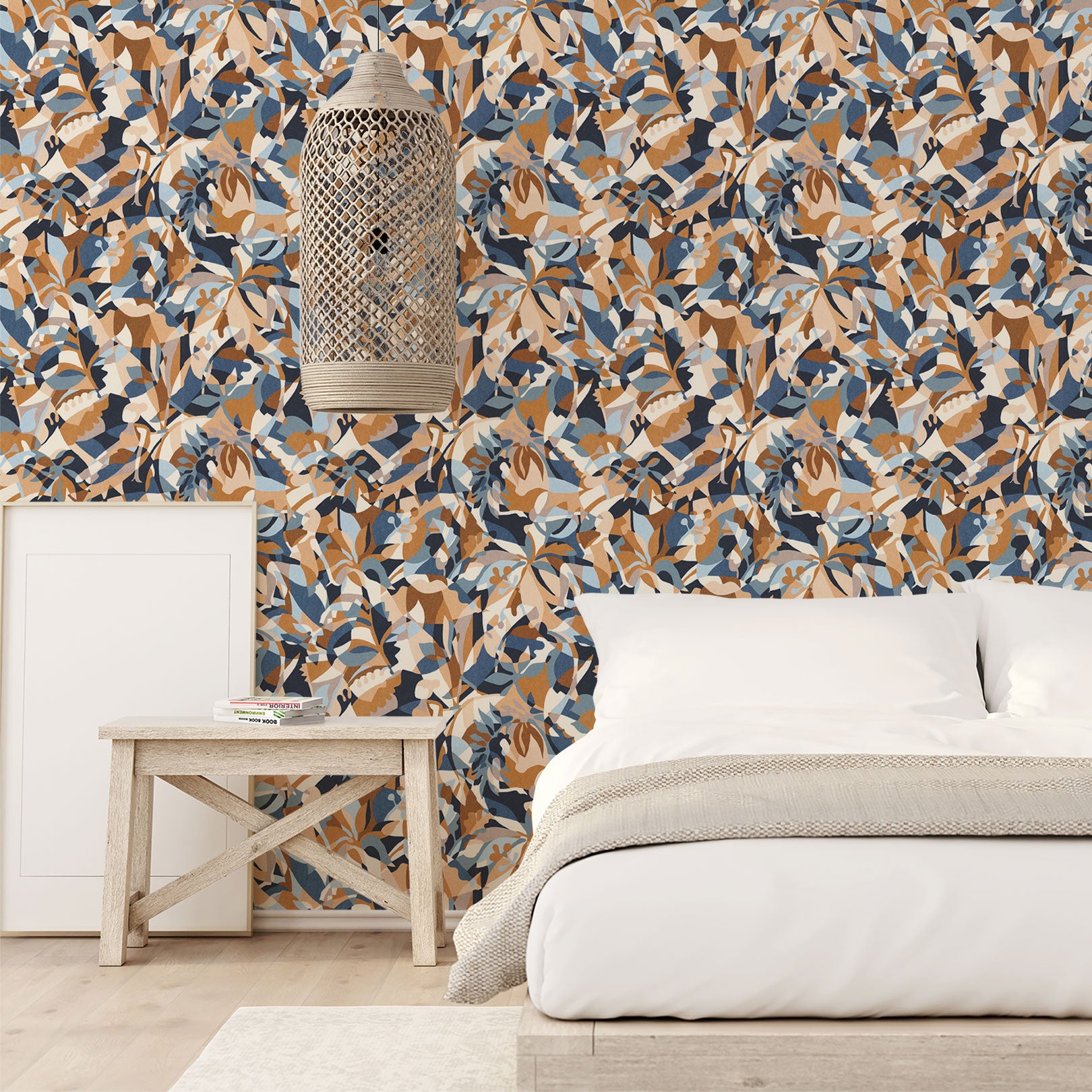 Abstract patterned wallpaper with a botanical motif PLONGEON - BLEU PERSAN/AMBRE blue with honey