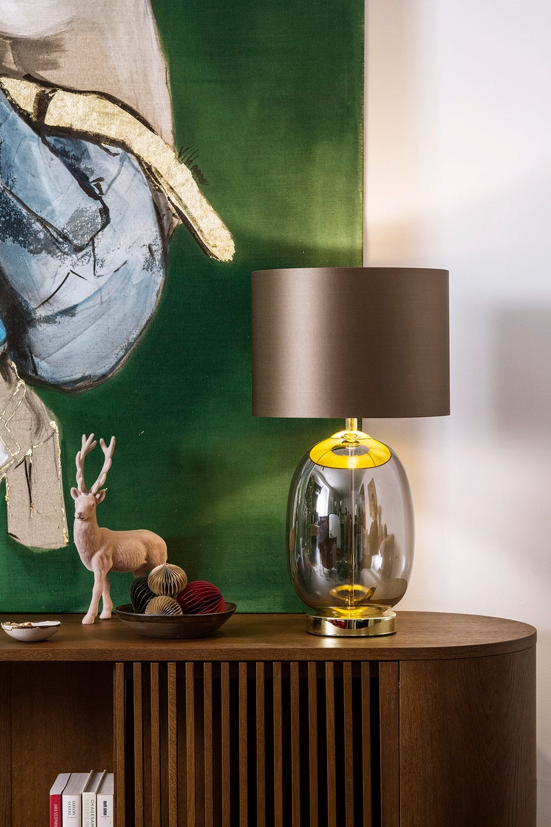 SALVADOR table lamp with smoked glass, brown shade, and gold finish