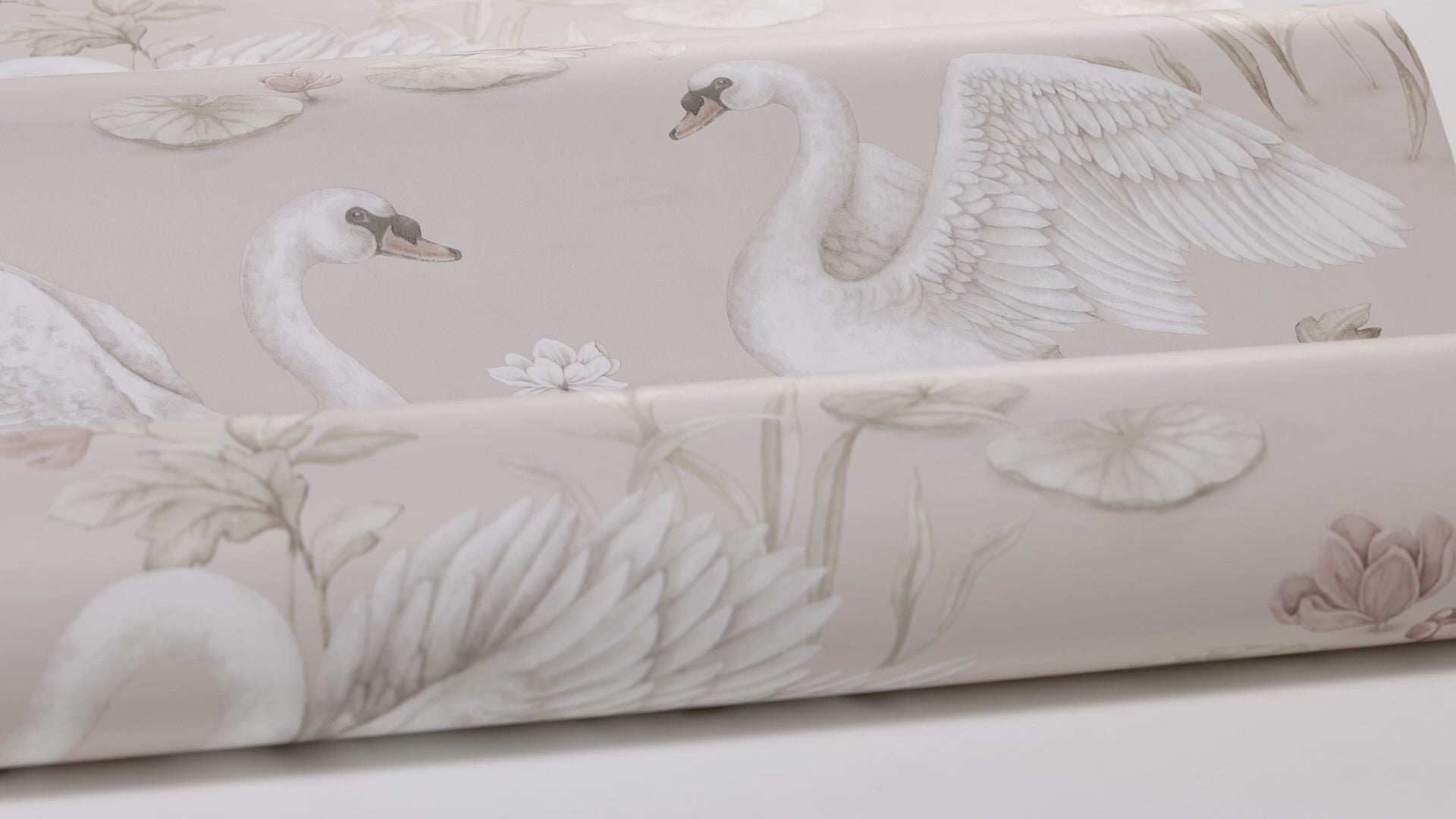 Children's wallpaper with a floral and animal motif LILY SWAN pink