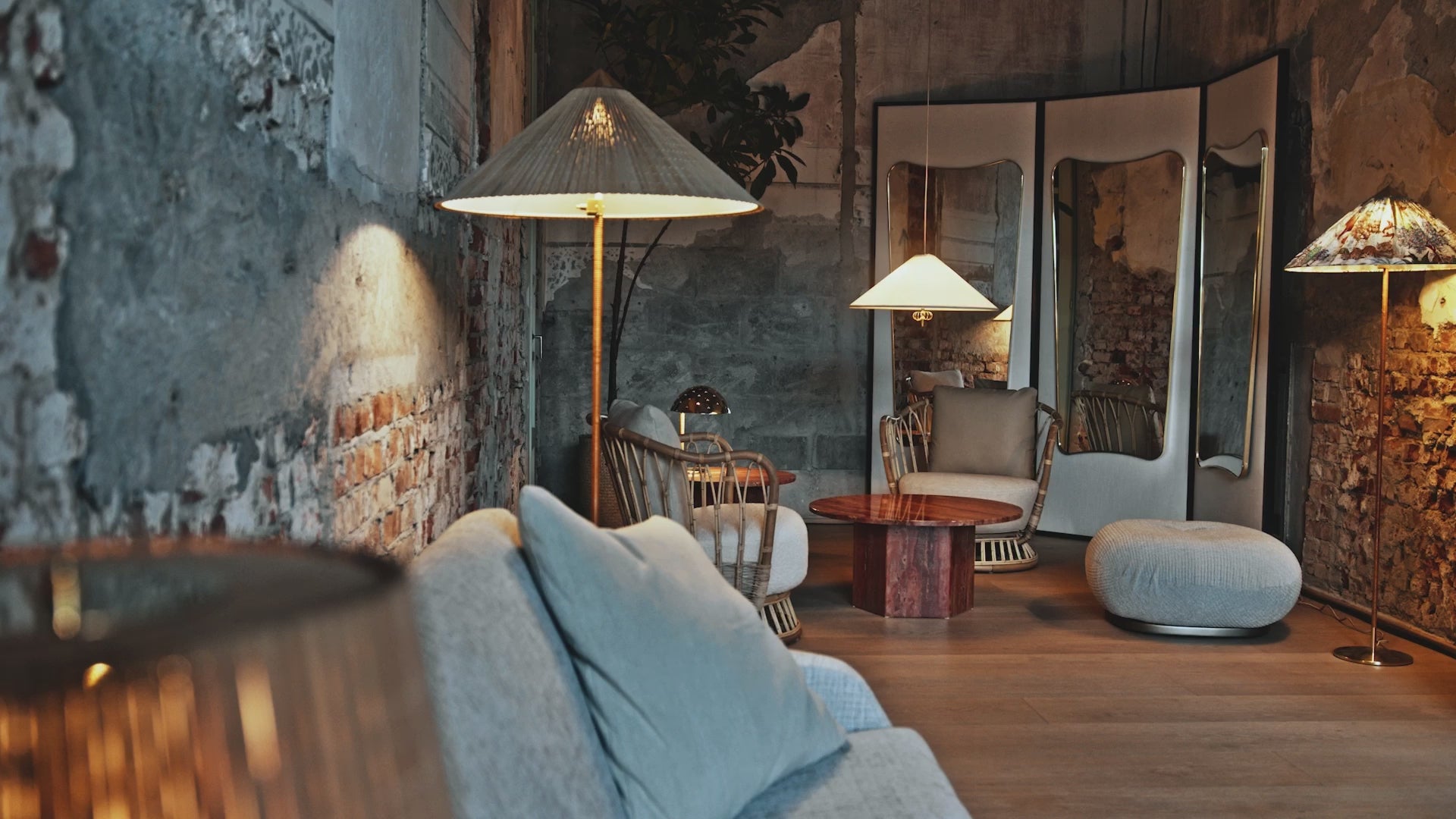 Floor lamp 9602 brass with bamboo shade