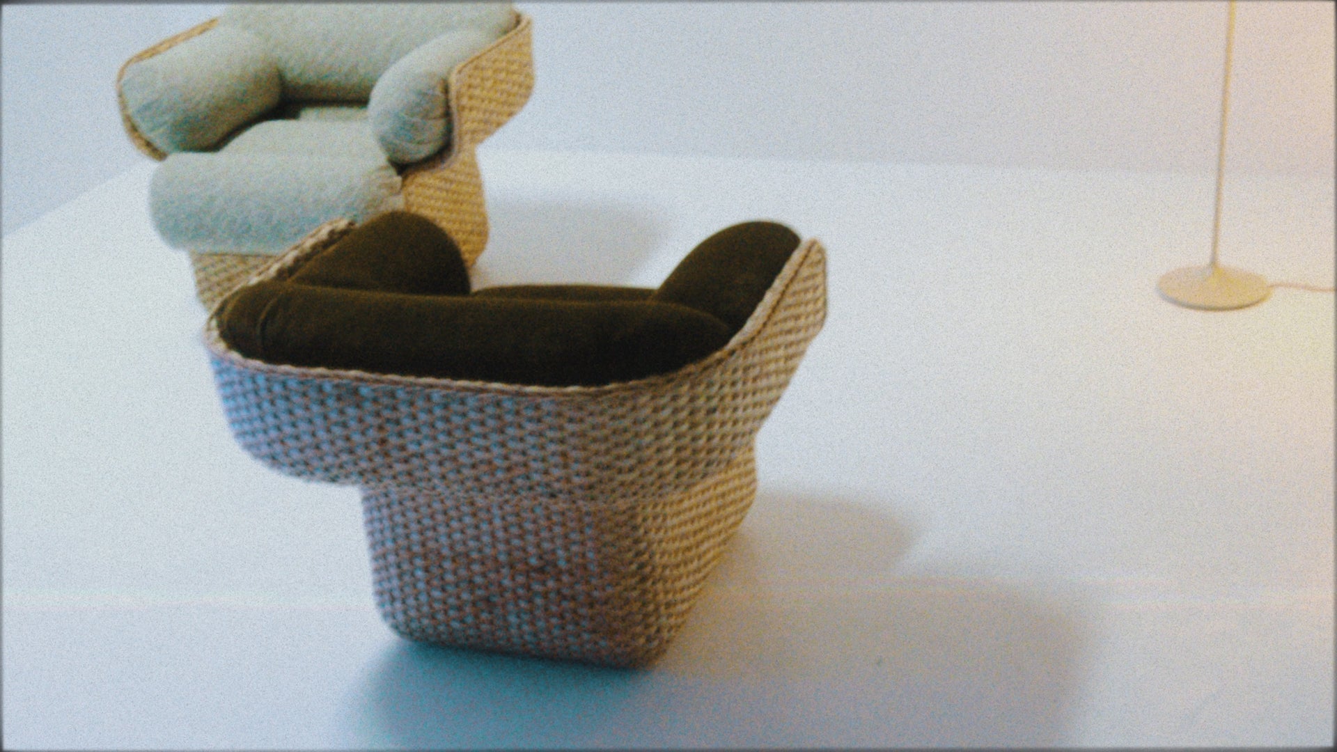 BASKET armchair in blue with rattan