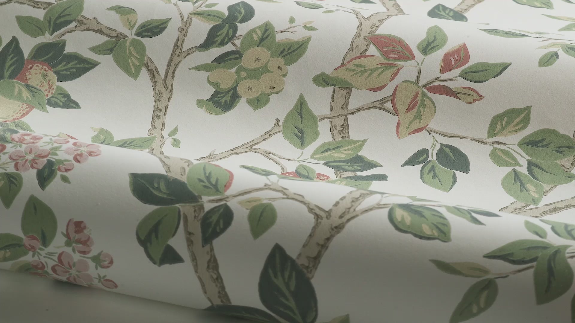 Wallpaper with a botanical pattern of the Ingrid Marie fruit tree in white and green