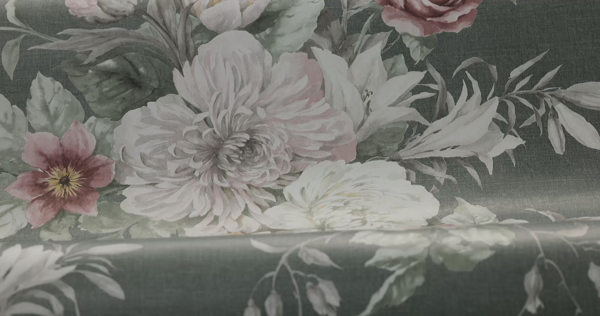 Papierová flizelínová tapeta s rastlinným vzorom FLORAL CHARM tmavozelená s ružovou