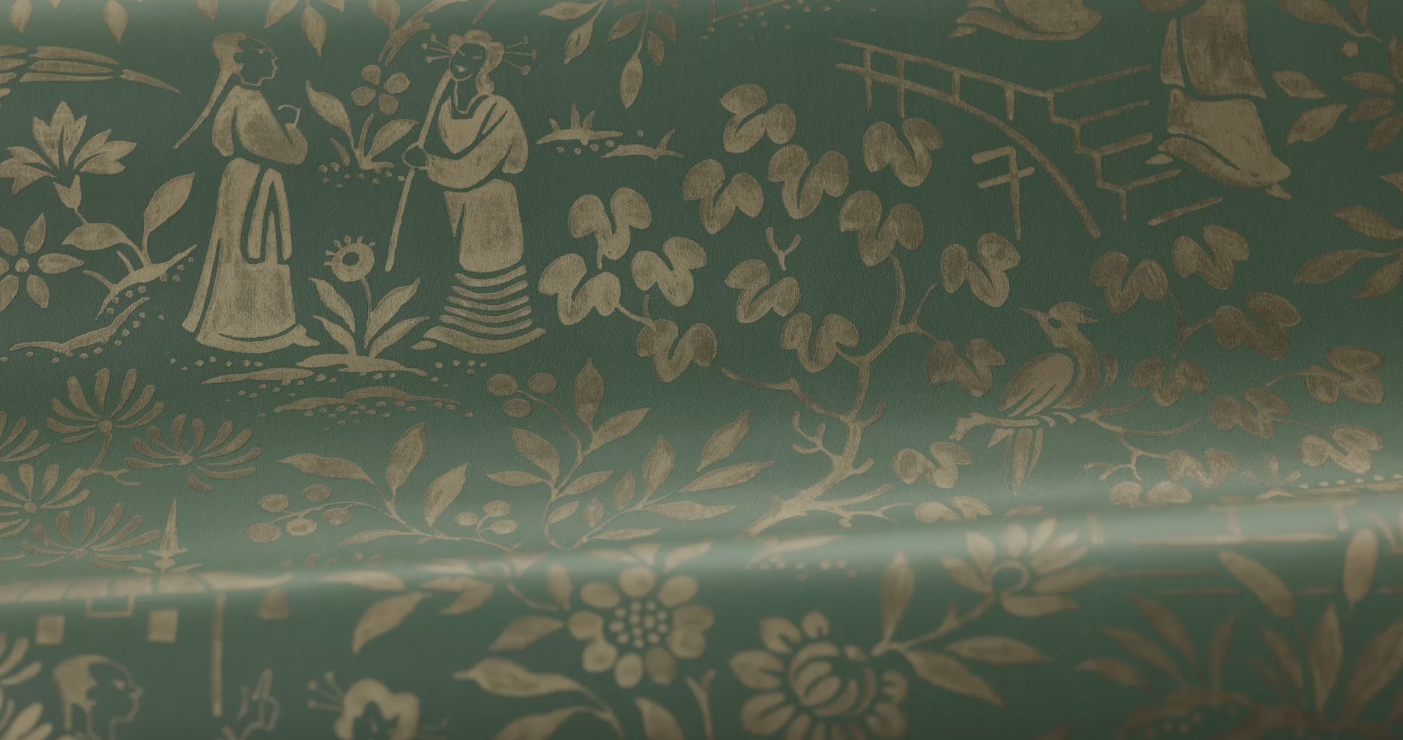 Papierová flizelínová tapeta s rastlinným vzorom ORIENTAL GARDEN zelená so zlatou