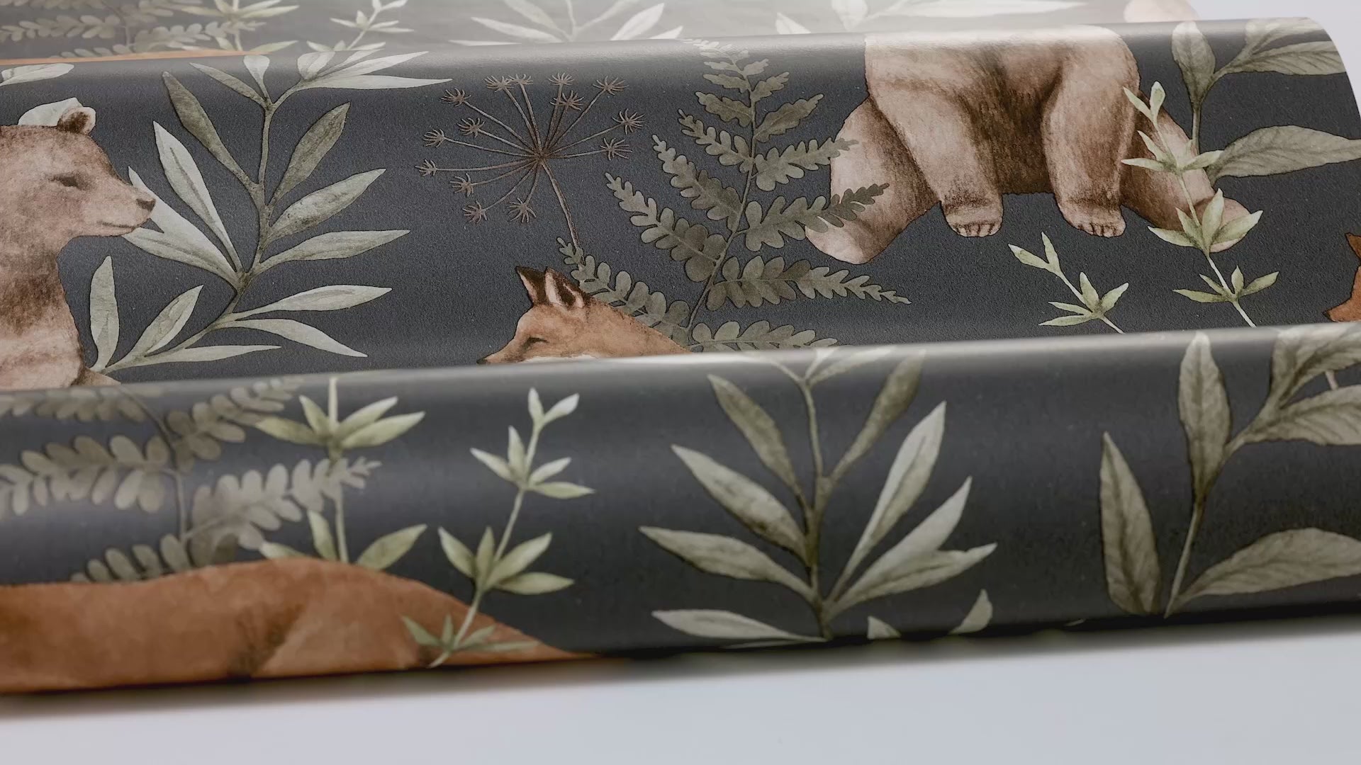 Wild Forest Black Children's Wallpaper with Plant and Animal Motif