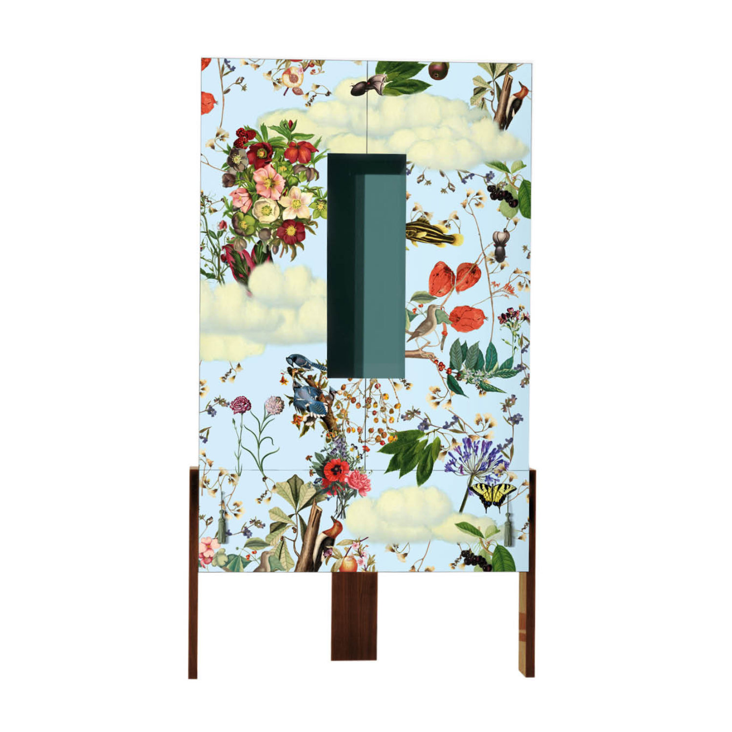 Blue ZiQQurat bookcase with a nutty base