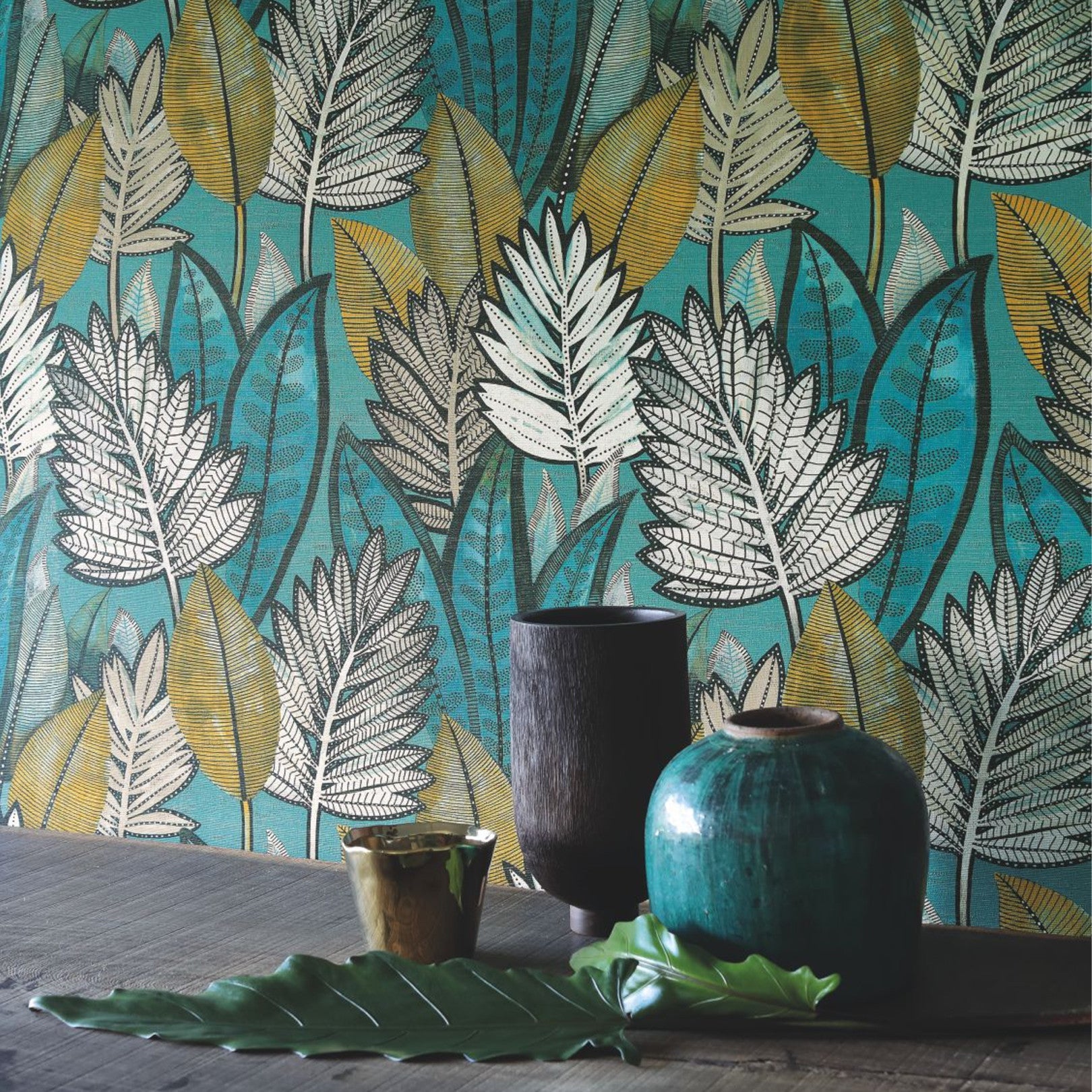 SABAL Structural Wallpaper with Plant Motif - VERT D'EAU Green with Yellow