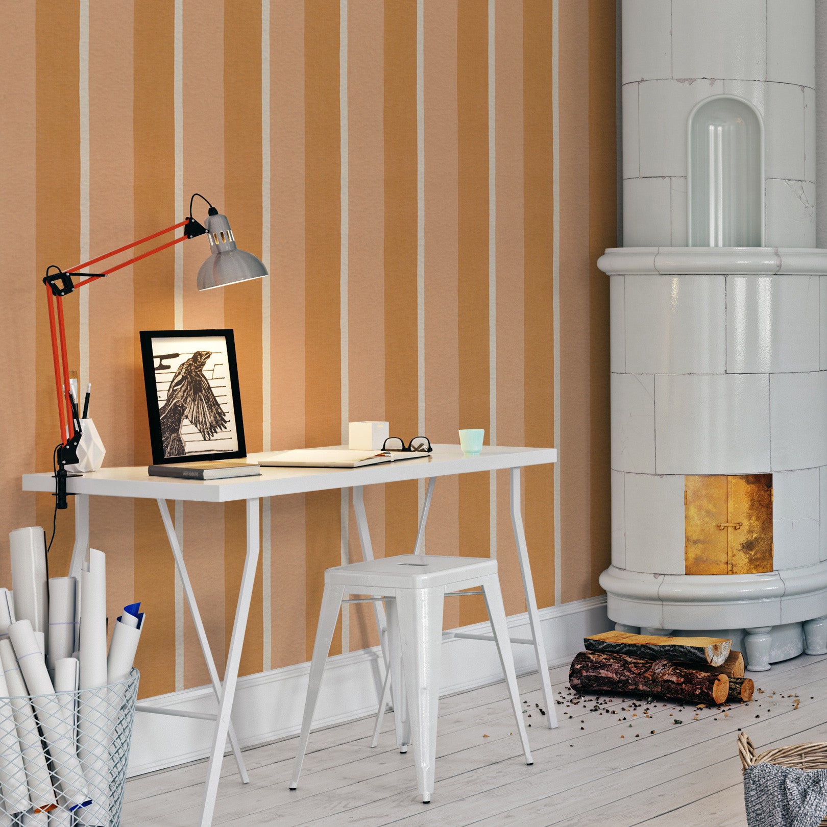 Tapeta so štruktúrou napodobňujúcou plátno v prúžkoch SINOPIA - ABRICOT/PEAU DE PÊCHE broskyňová