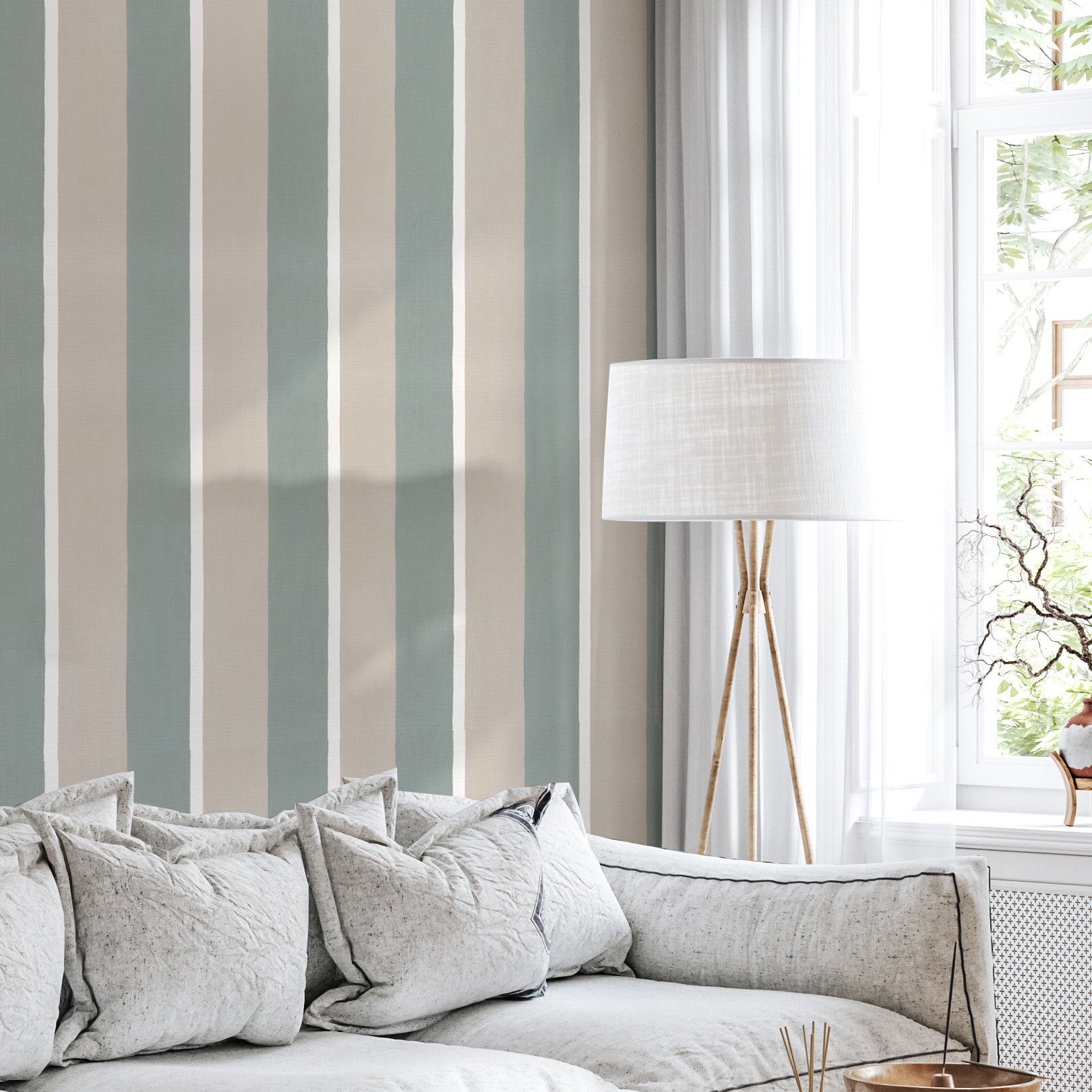 Tapeta so štruktúrou napodobňujúcou plátno v pruhoch SINOPIA - GRÈGE/VERT DE GRIS zelená s hnedou