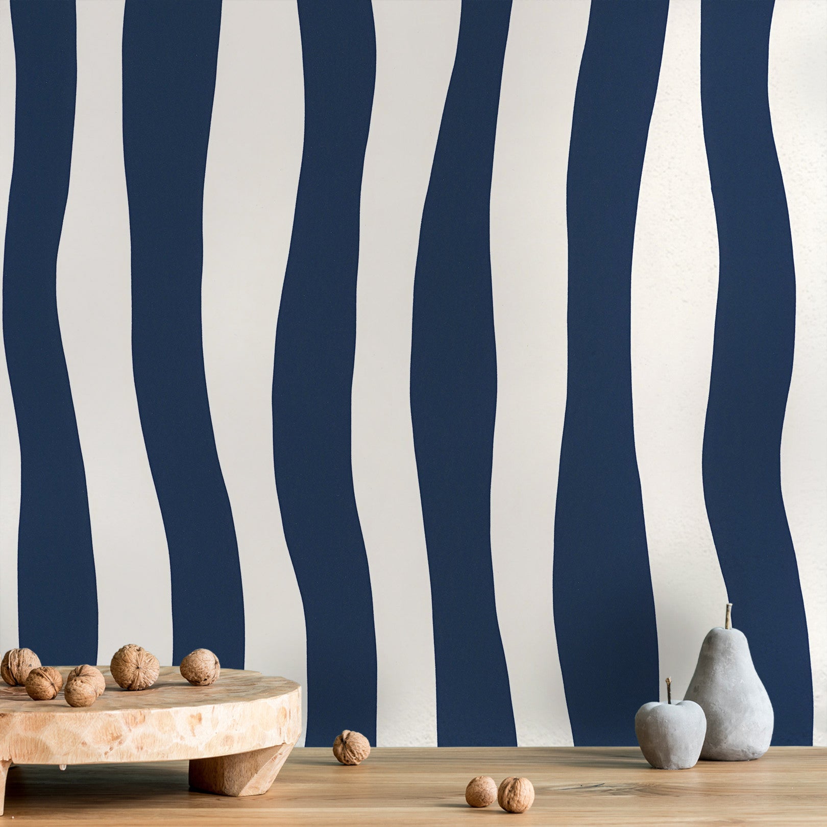Structural wallpaper with an abstract wavy stripe pattern SUNDAE - MARINE navy blue