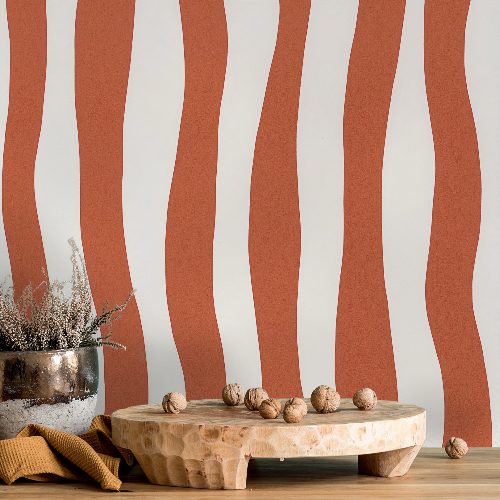Textured wallpaper with an abstract wavy stripe pattern SUNDAE - TERRACOTTA