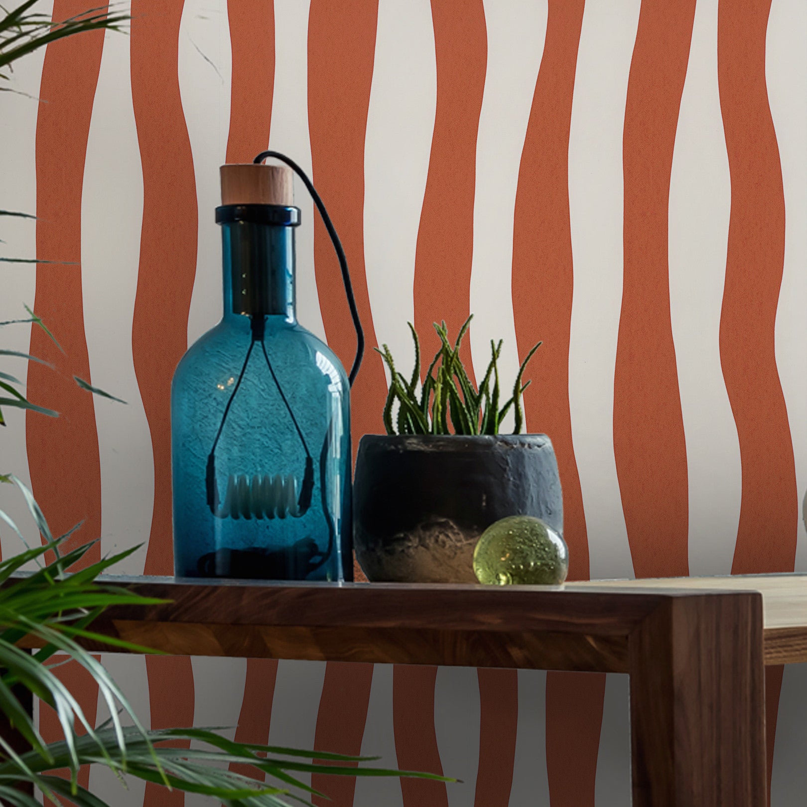 Textured wallpaper with an abstract wavy stripe pattern SUNDAE - TERRACOTTA