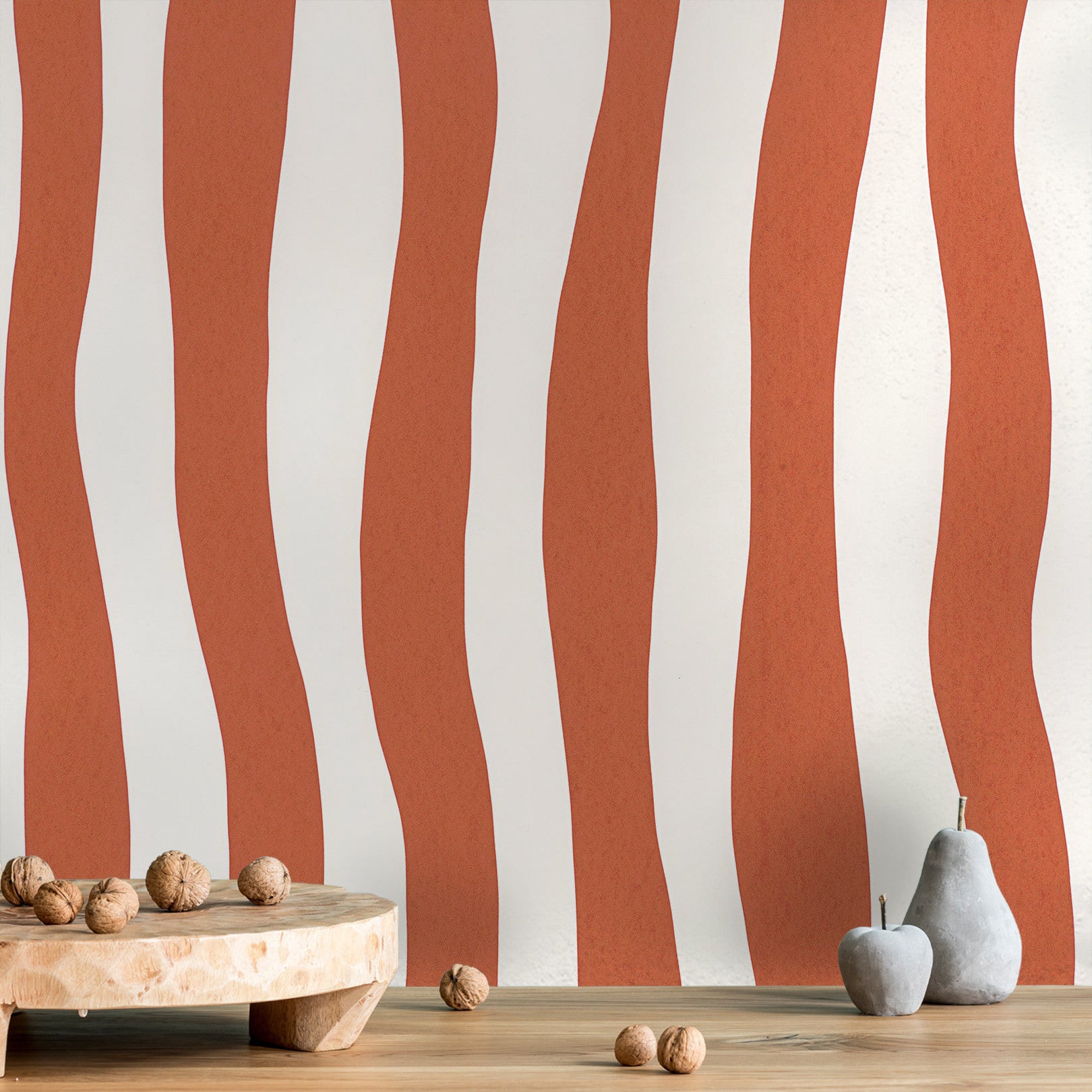 Textured wallpaper with an abstract wavy stripe pattern SUNDAE - TERRACOTTA