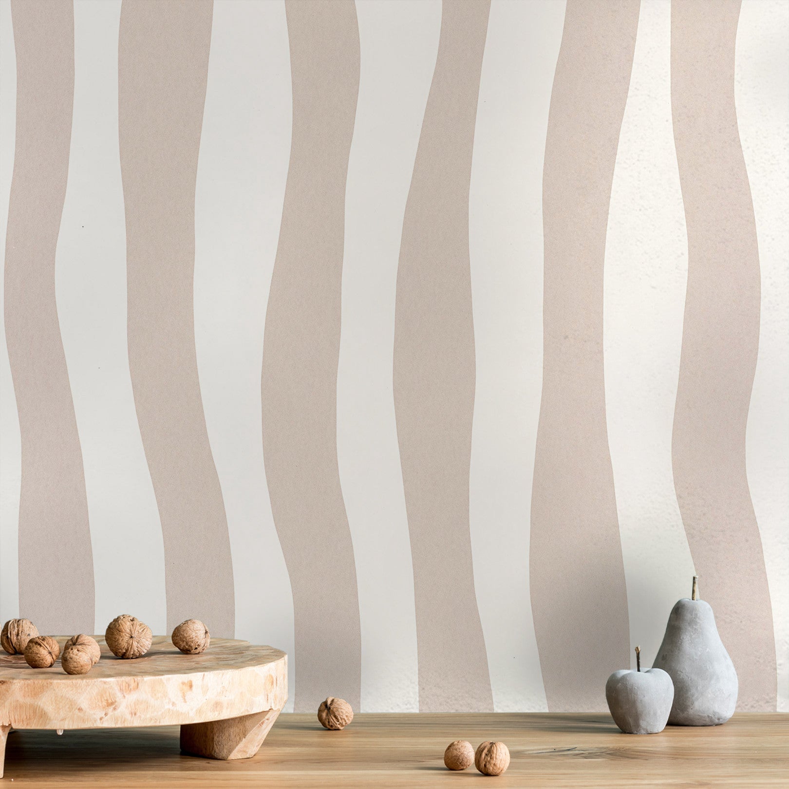 Structural wallpaper with an abstract wavy stripe pattern SUNDAE - POWDER BEIGE