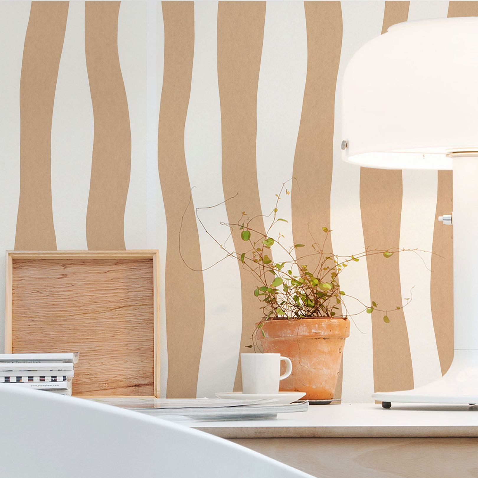 Textured wallpaper with an abstract wavy stripe pattern SUNDAE - SABLE beige
