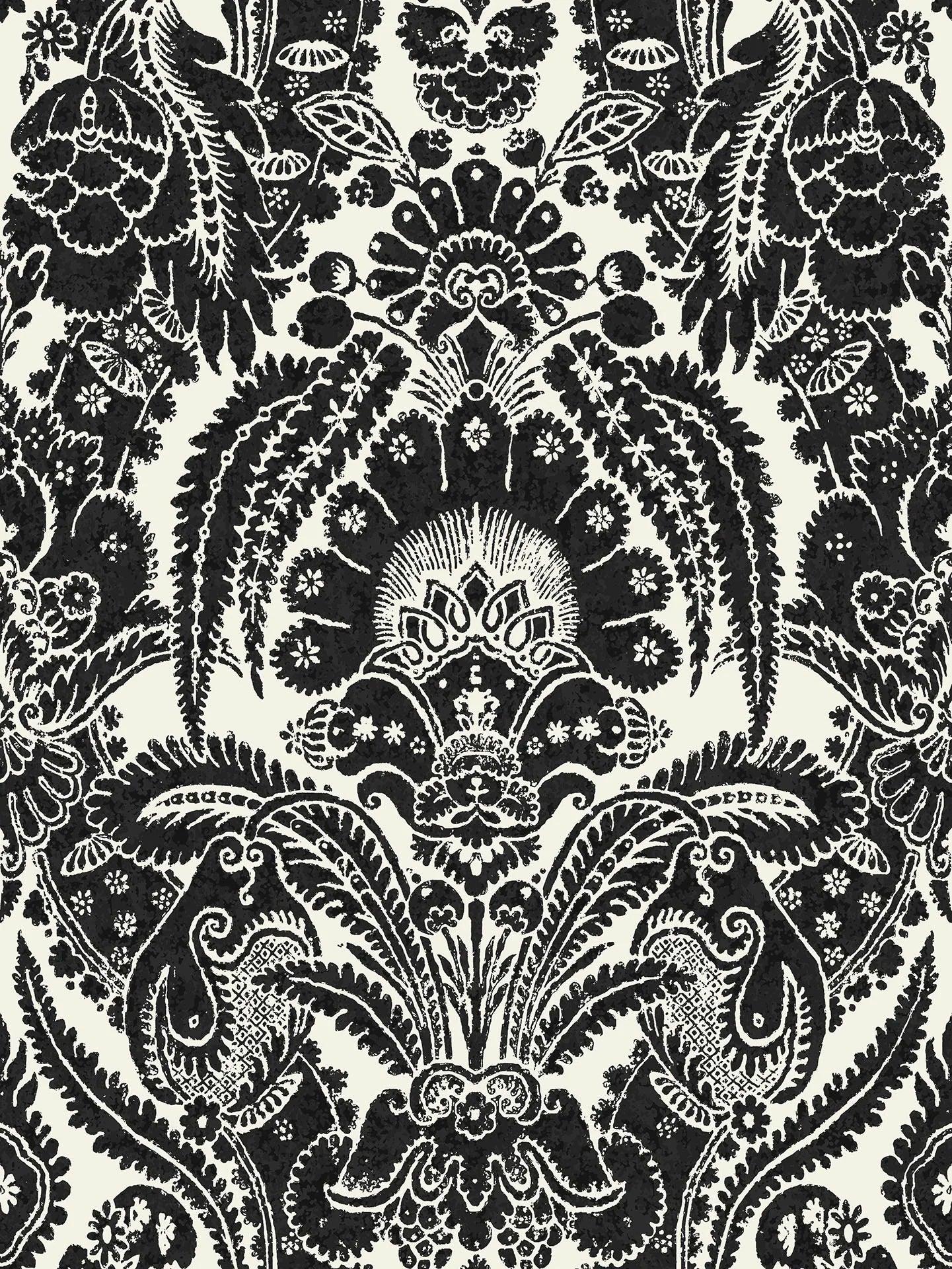 Floral-patterned wallpaper with ornaments ALBEMARLE - Chatterton black on white