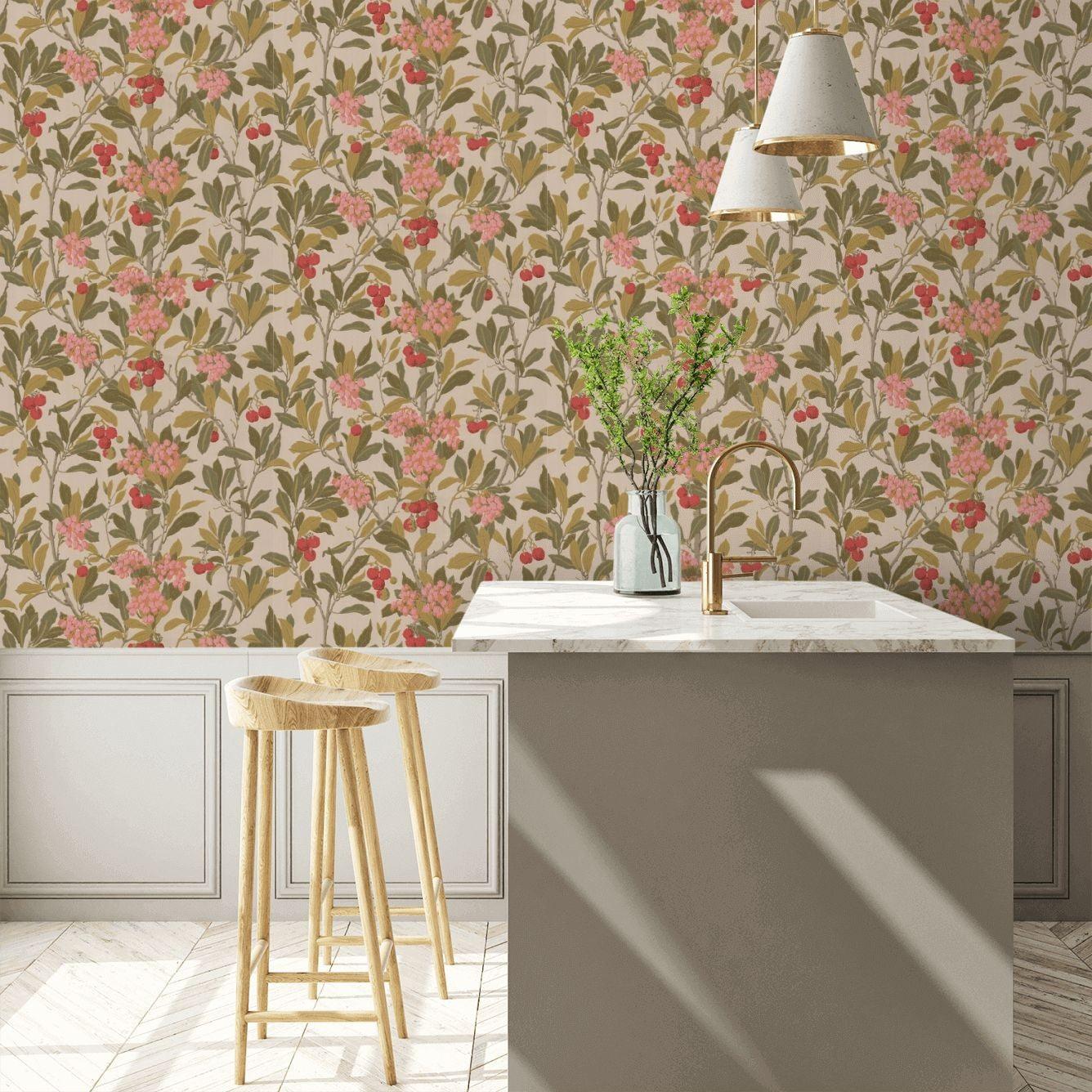 Wallpaper with a plant motif of fruits and leaves ARCHIVE ANTHOLOGY - Strawberry Tree pink on light green