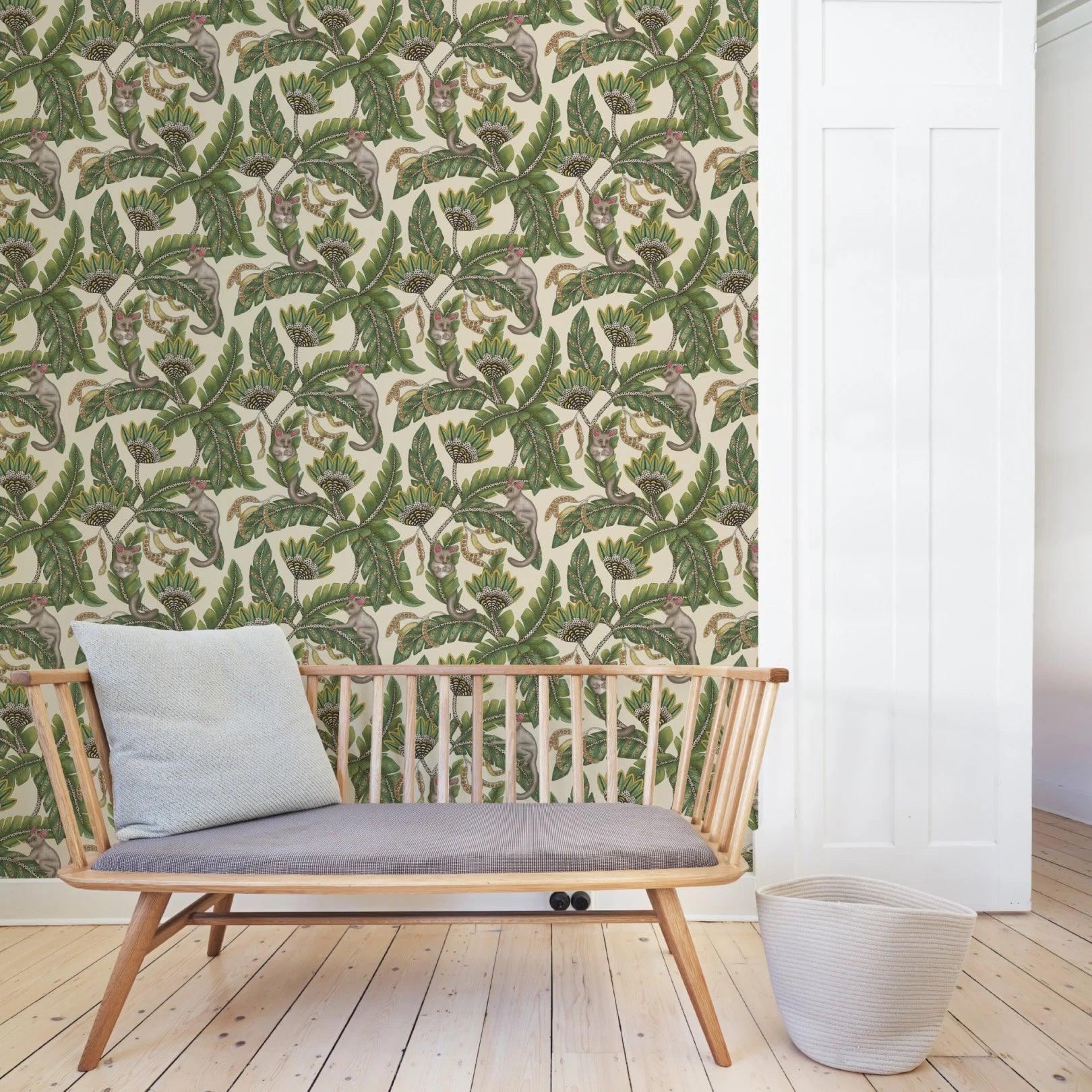 Wallpaper with plant and animal motif ARDMORE JABULA - Bush Baby green on parchment