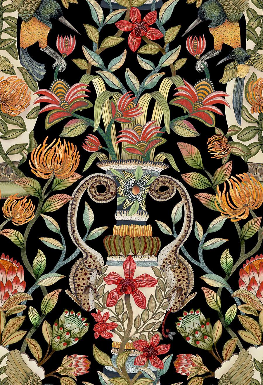 Wallpaper with plant and animal motif ARDMORE JABULA - Protea Garden black