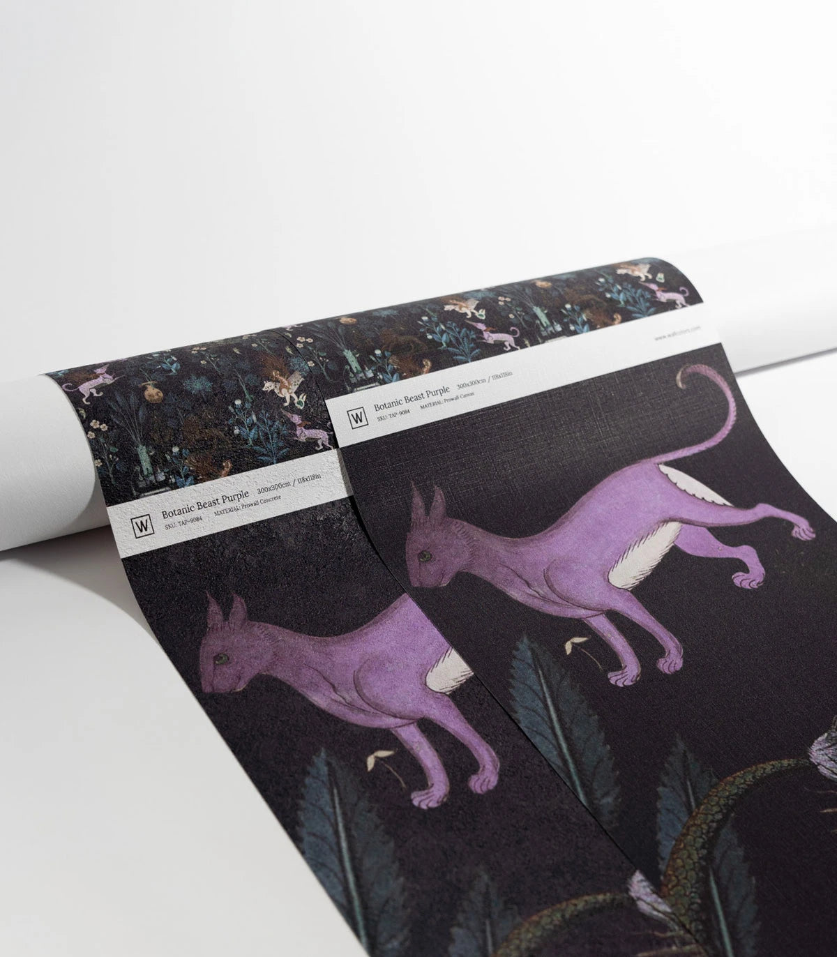 Wallpaper with a plant motif and magical animal BOTANIC BEAST PURPLE black with purple