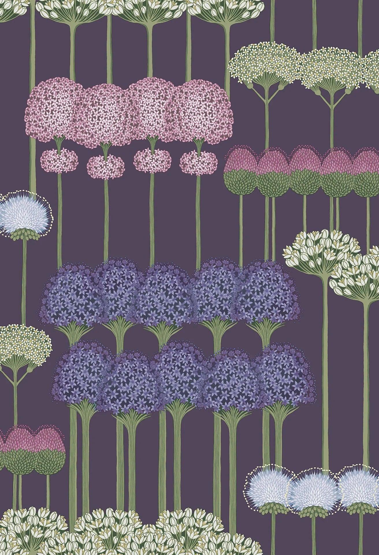 Wallpaper with a floral plant motif BOTANICAL BOTANICA - Allium heather on dark violet