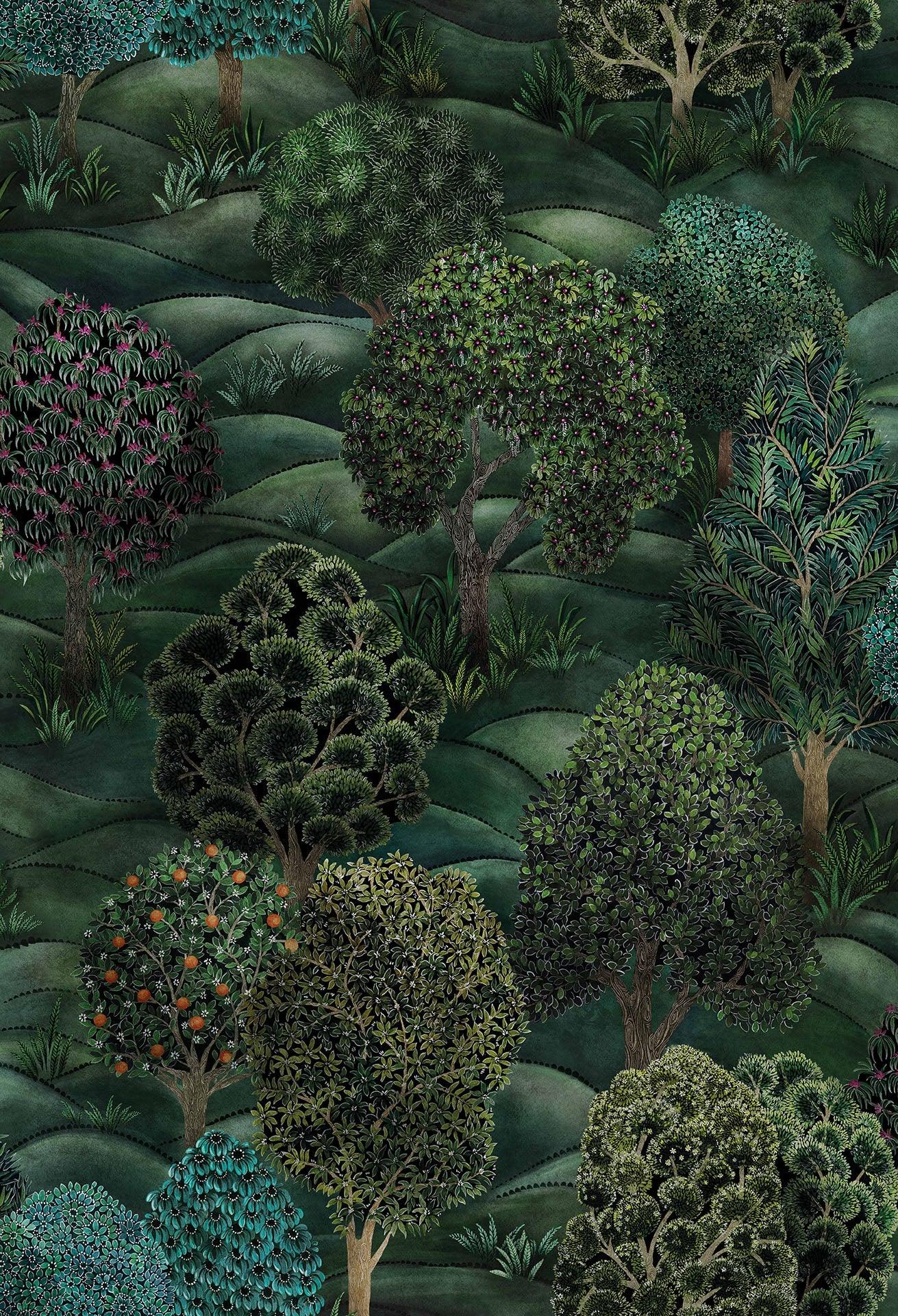 Tapeta s rastlinným motívom magický les BOTANICAL BOTANICA - Les tmavozelený