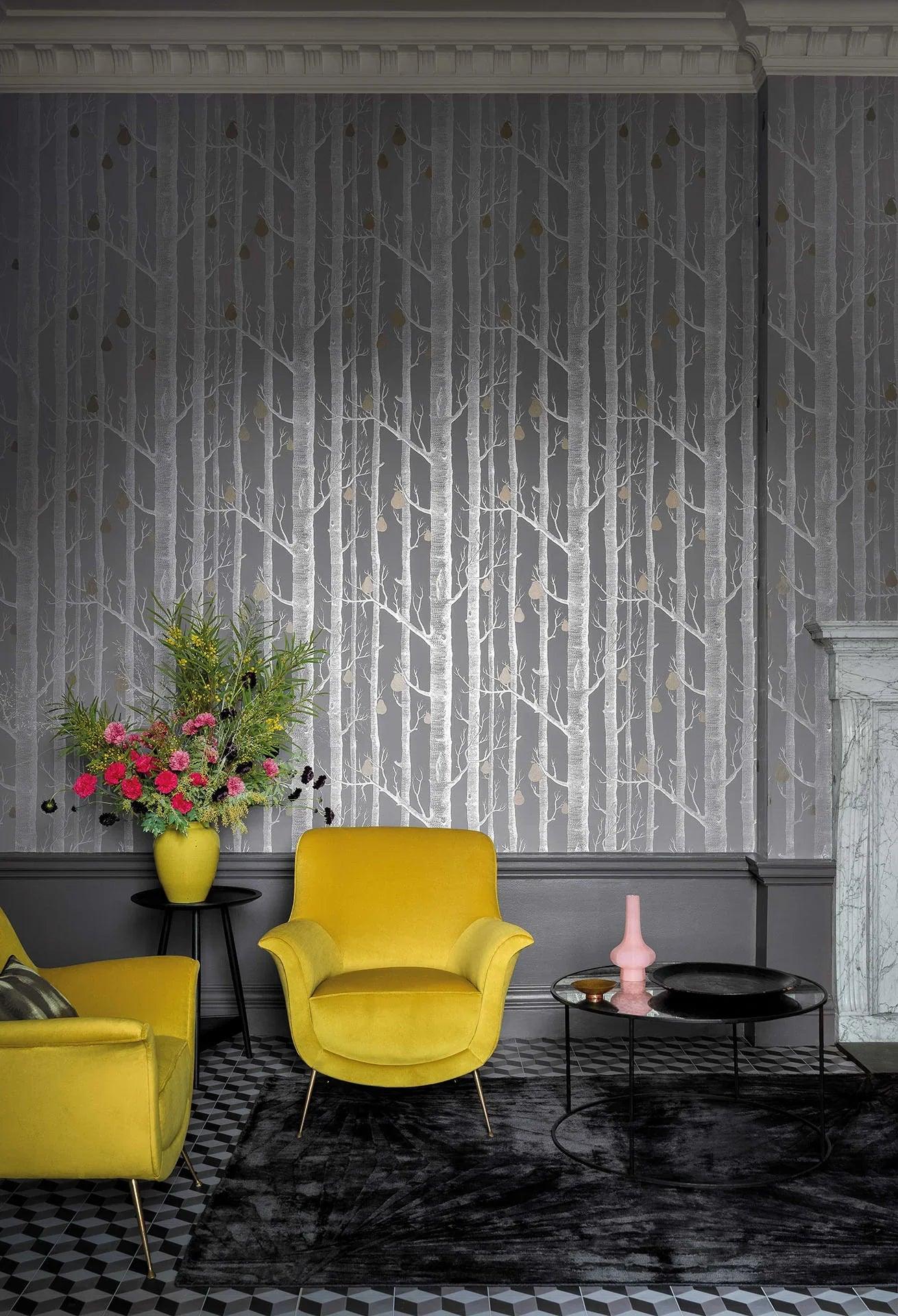 Wallpaper with a plant motif of trees CONTEMPORARY COLLECTION - Woods & Pears white on gray