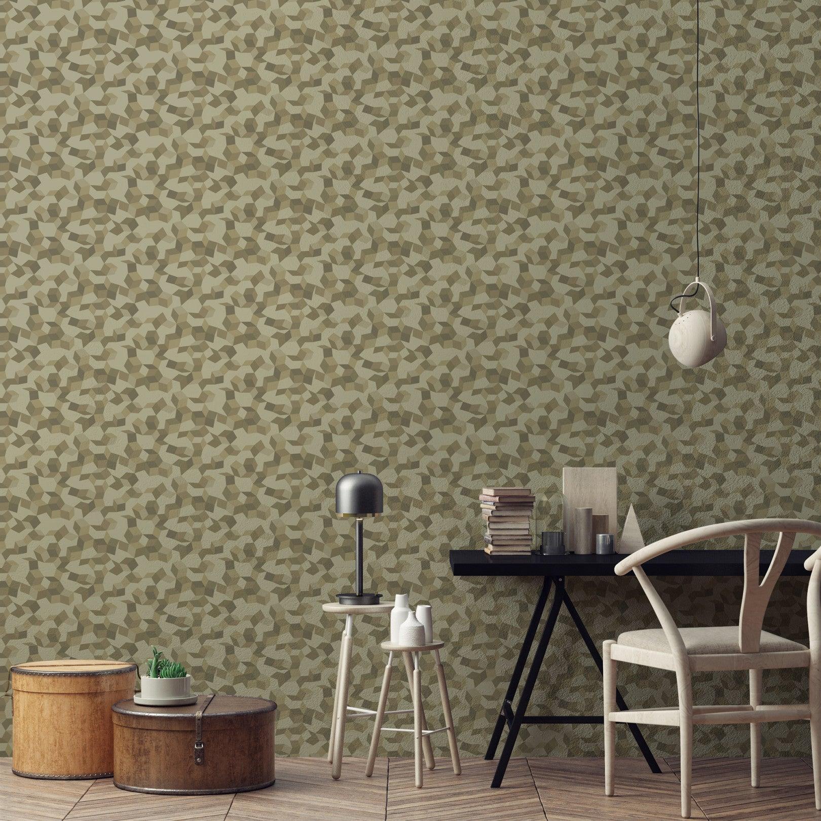 Metallic wallpaper with a geometric hexagon pattern CURIO - Mineral beige