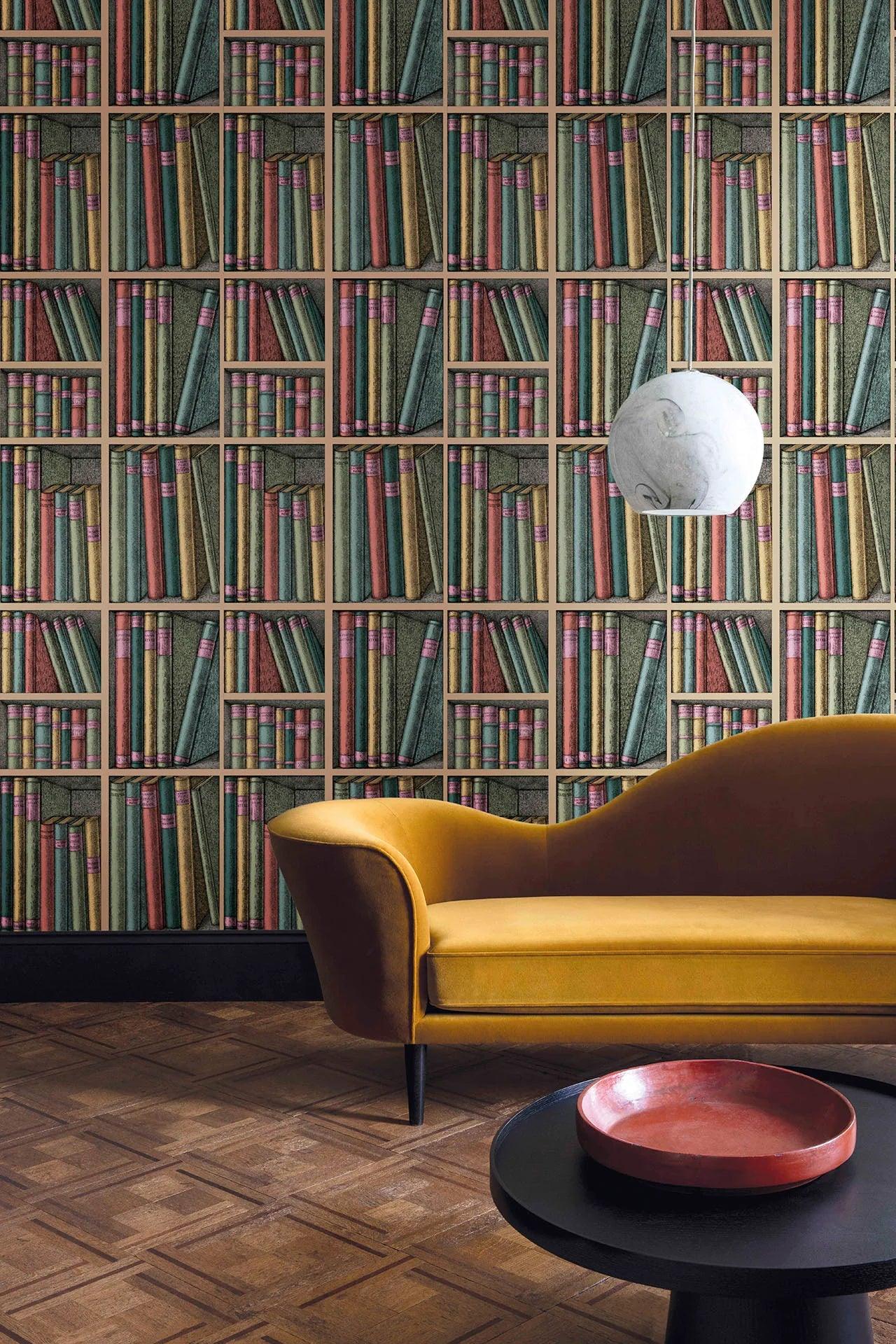 Wallpaper with a library and books motif FORNASETTI - Ex Libris beige