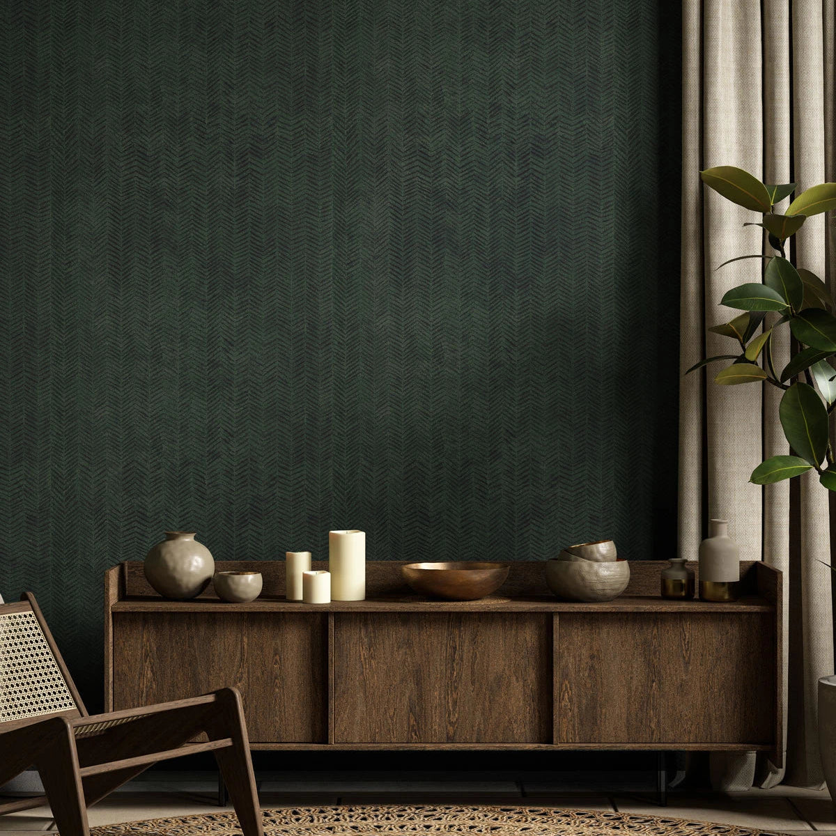 Wallpaper with a geometric herringbone pattern in green