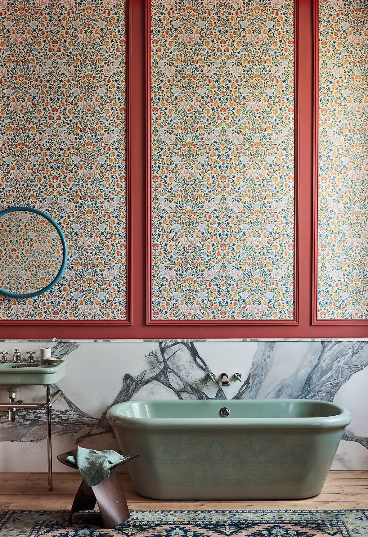 Wallpaper with a plant motif of leaves and flowers HRP GREAT MASTERS - Court Embroidery in blue and pink on black