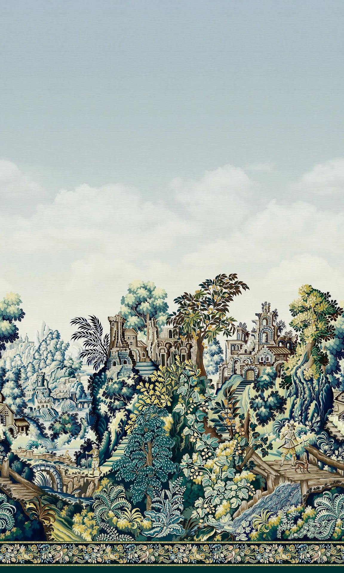 Landscape Wallpaper of Buildings and Trees HRP GREAT MASTERS - Verdure Tapestry Green with Blue