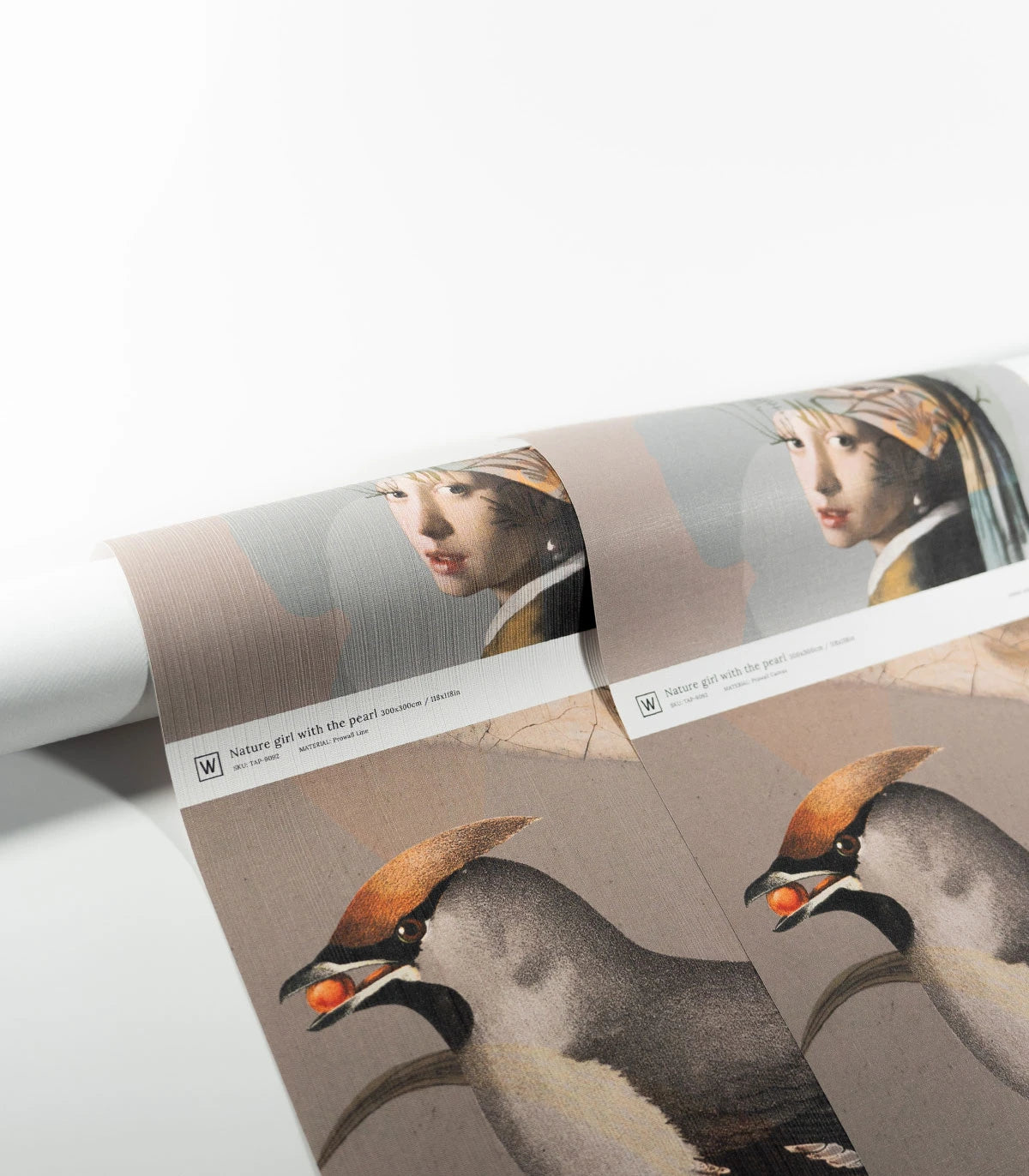 Wallpaper with the artistic portrait NATURE GIRL WITH THE PEARL beige with green