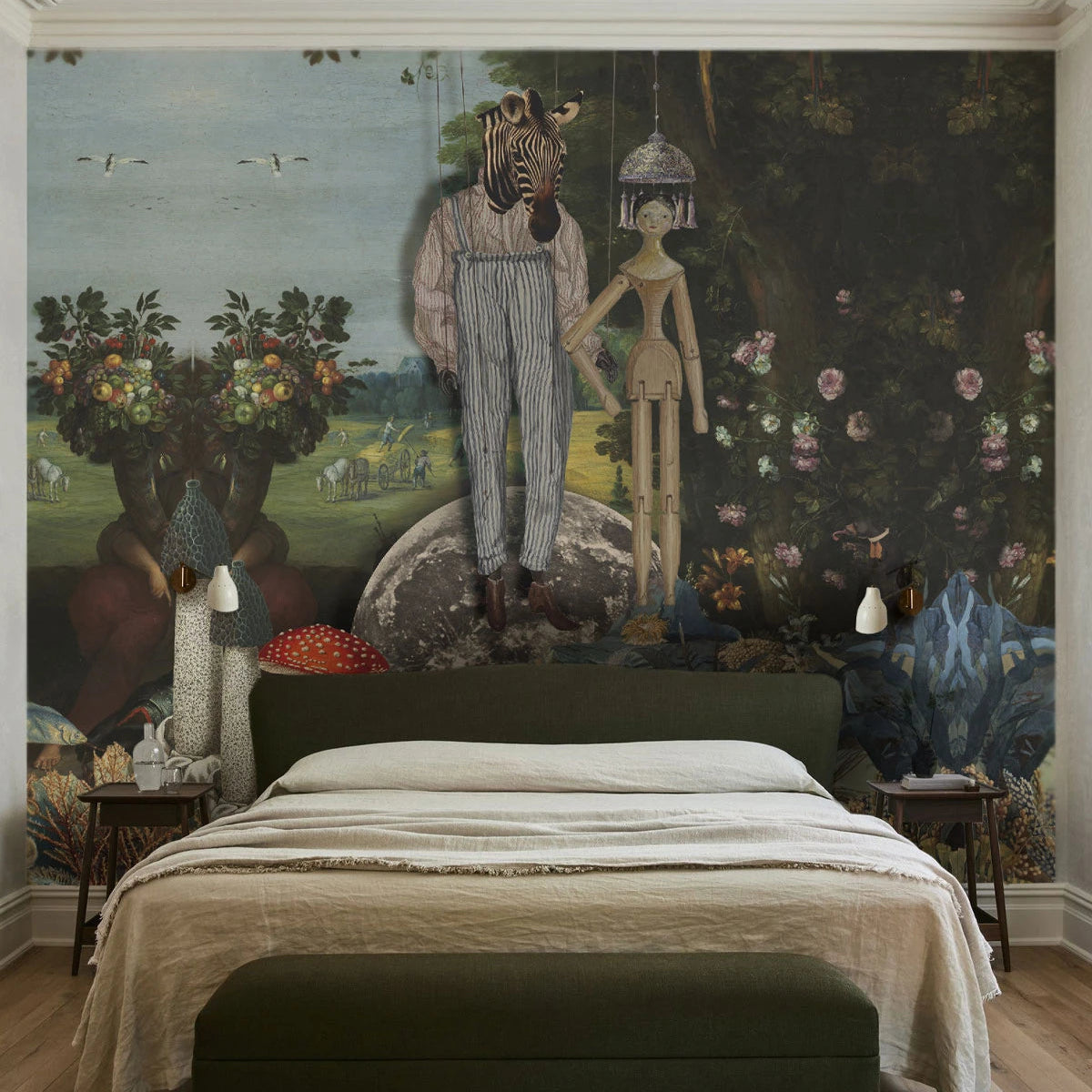 Tapeta s umeleckou krajinou PUPPETS tmavozelená s modrou