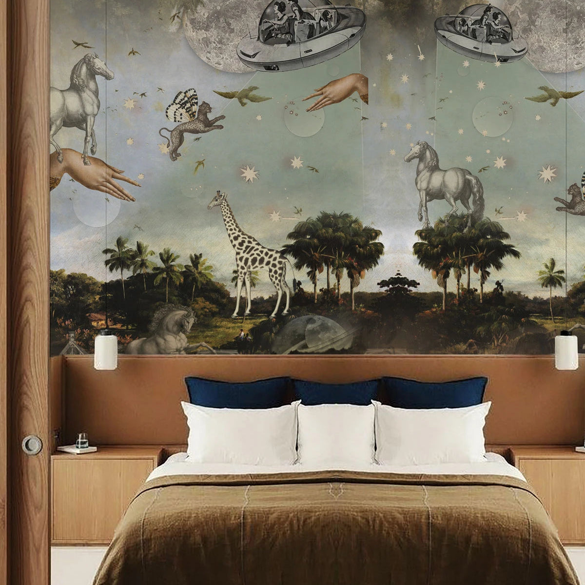 Tapeta s magickou krajinou STARDUST SAFARI tmavozelená s modrou