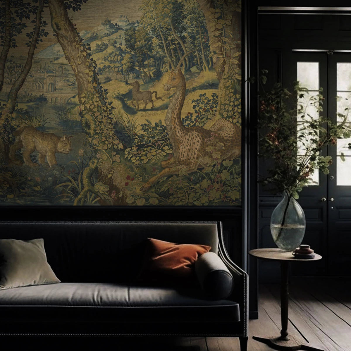 Tapeta s krajinou magického lesa UNICORN ARRAS zelená s hnedou