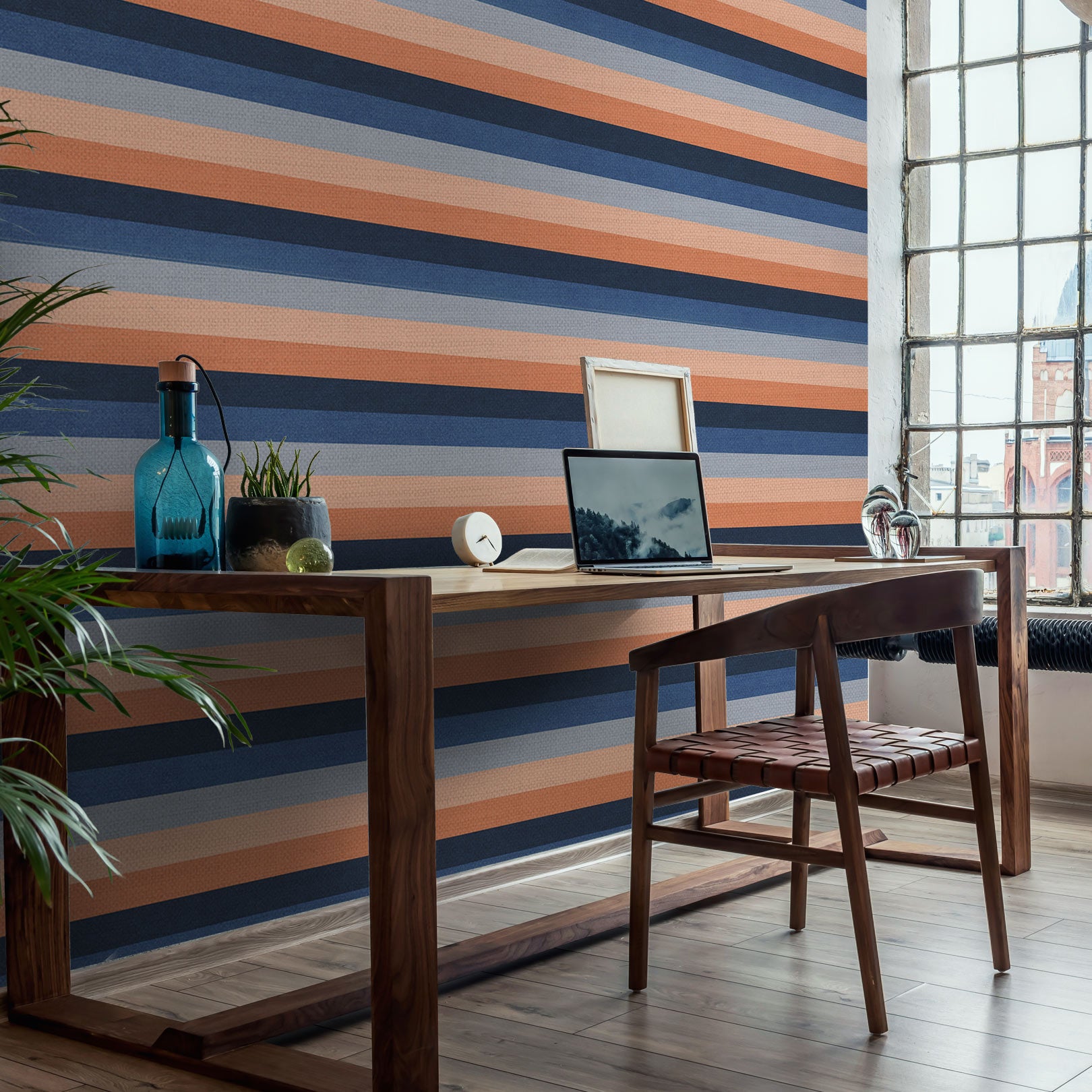 Štruktúrovaná tapeta s pruhmi TRANSAT - MARINE/CORAIL tmavomodrá s koralovou