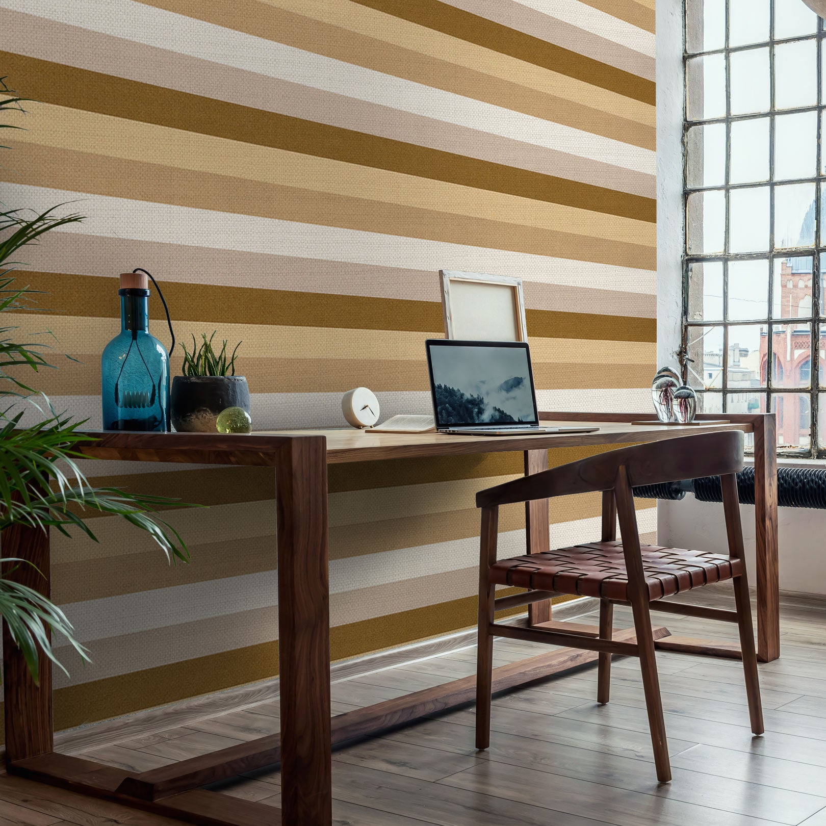 TRANSAT Striped Textured Wallpaper - SAND/CAMEL beige with brown