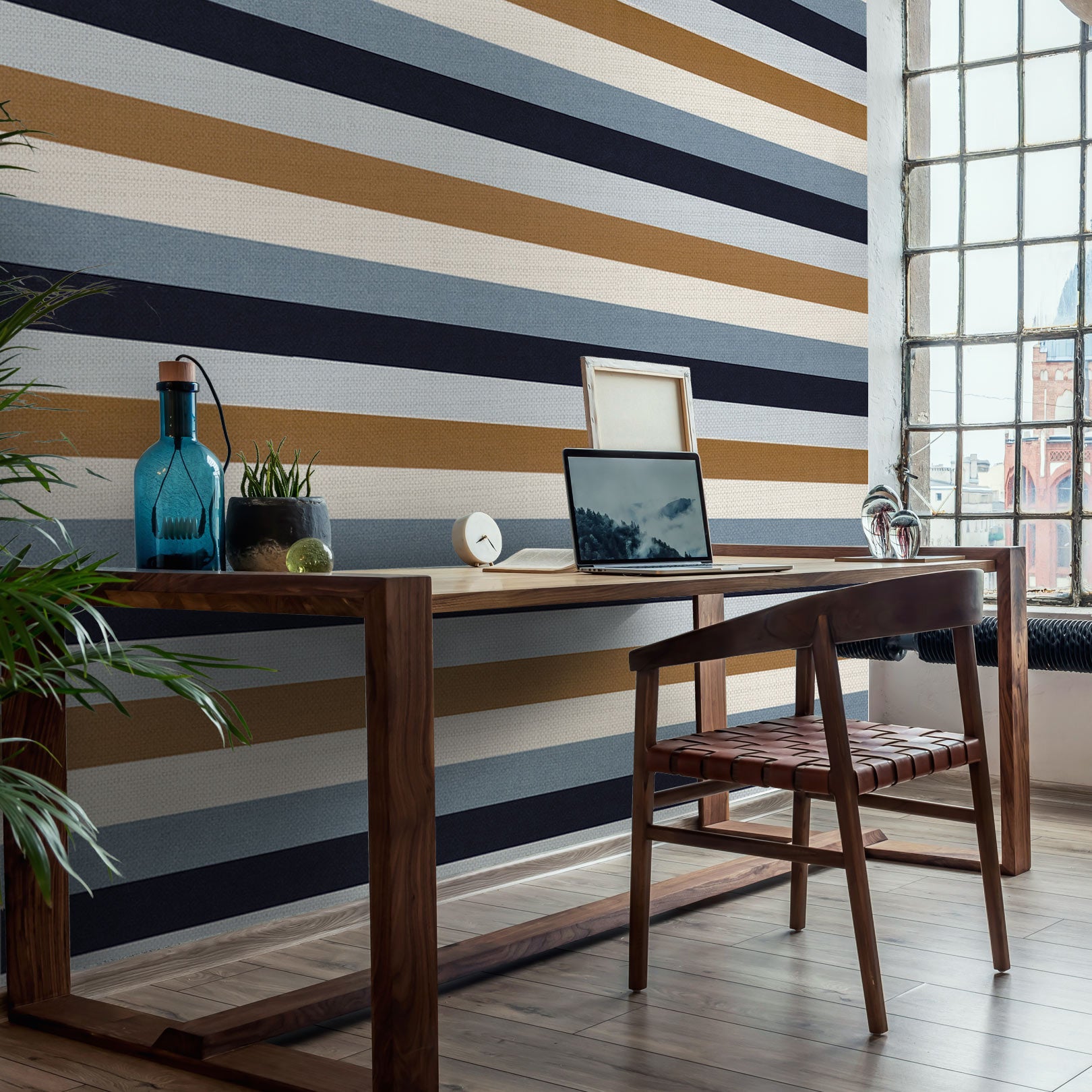 Structural striped wallpaper TRANSAT - PERSIAN BLUE/ORANGE