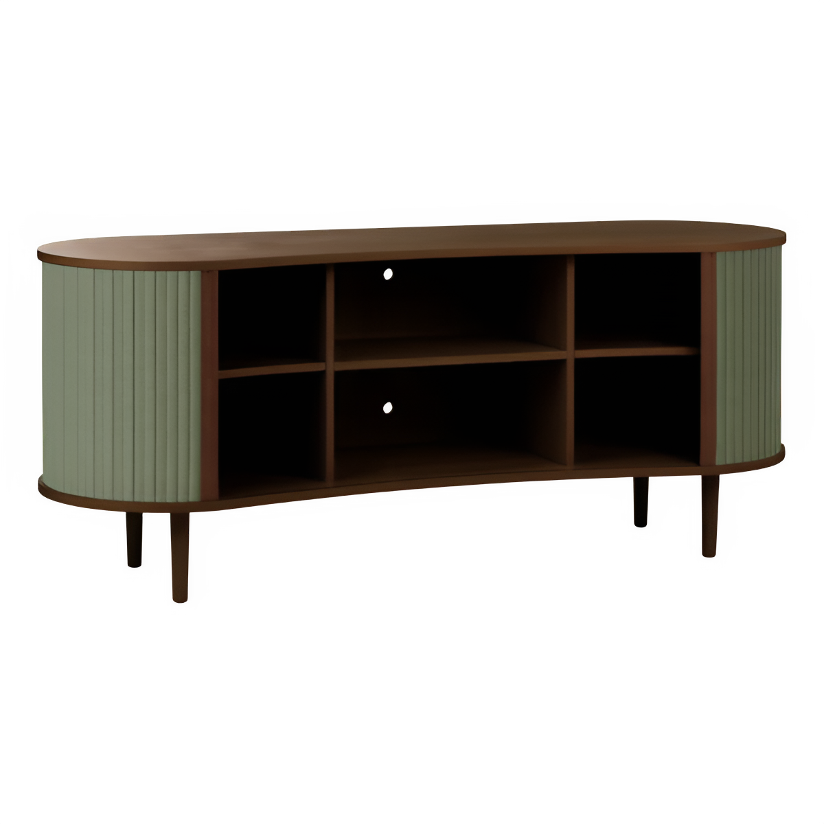 AUDACIOUS green RTV cabinet with a dark oak base