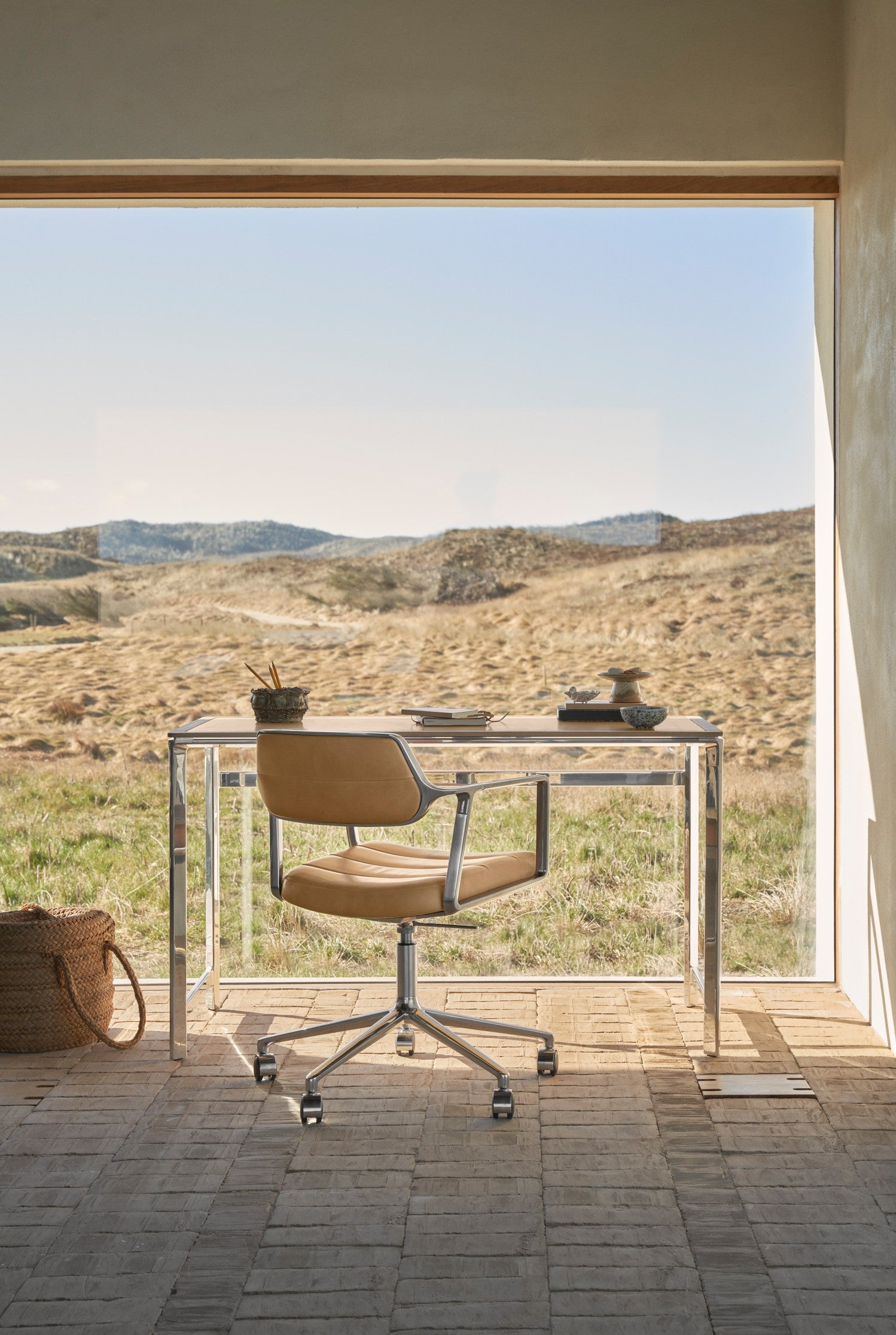 STUDIO Desk with Camel Leather Top, Oak Frame, and Aluminum Base