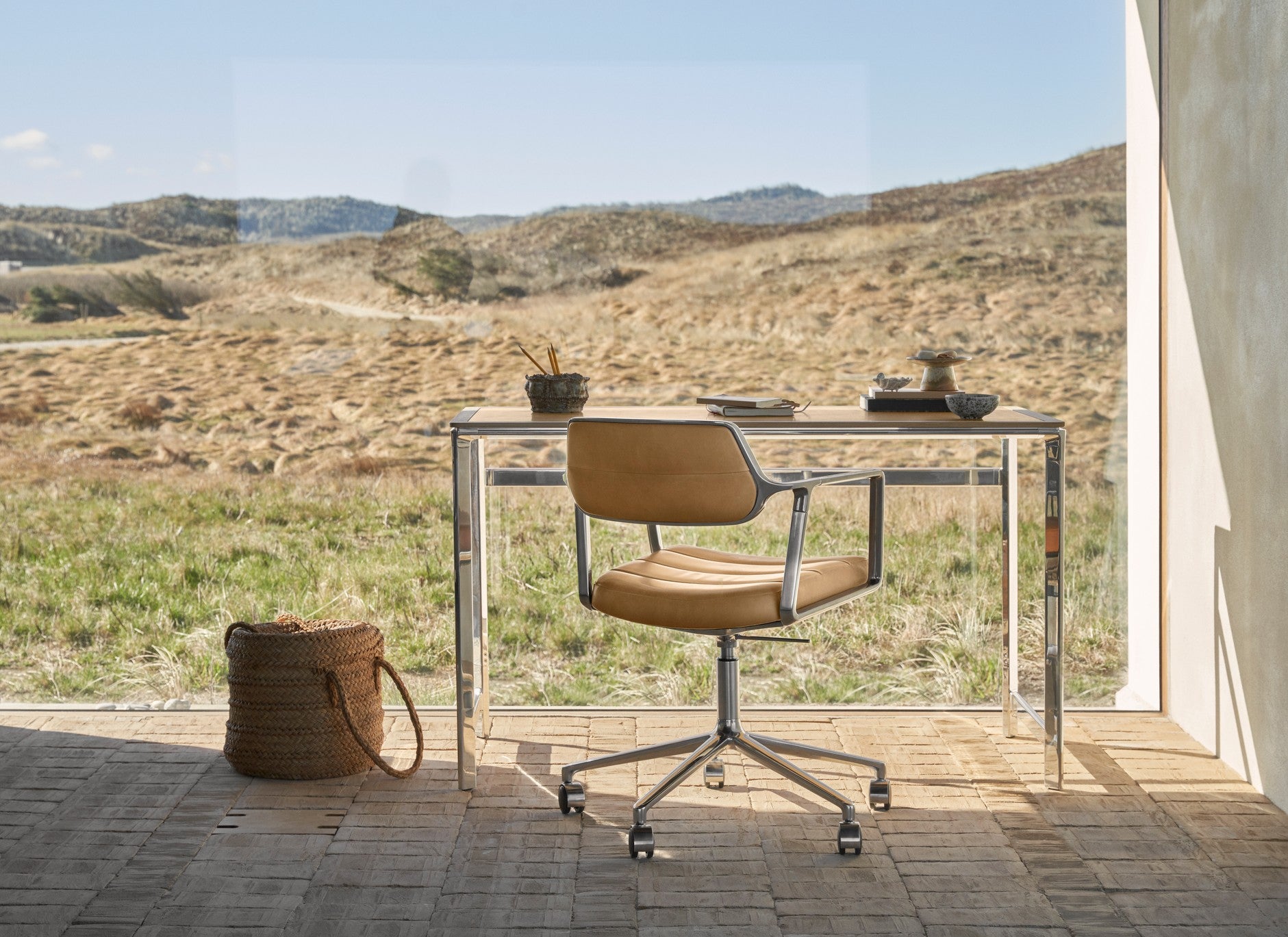 STUDIO Desk with Camel Leather Top, Oak Frame, and Aluminum Base