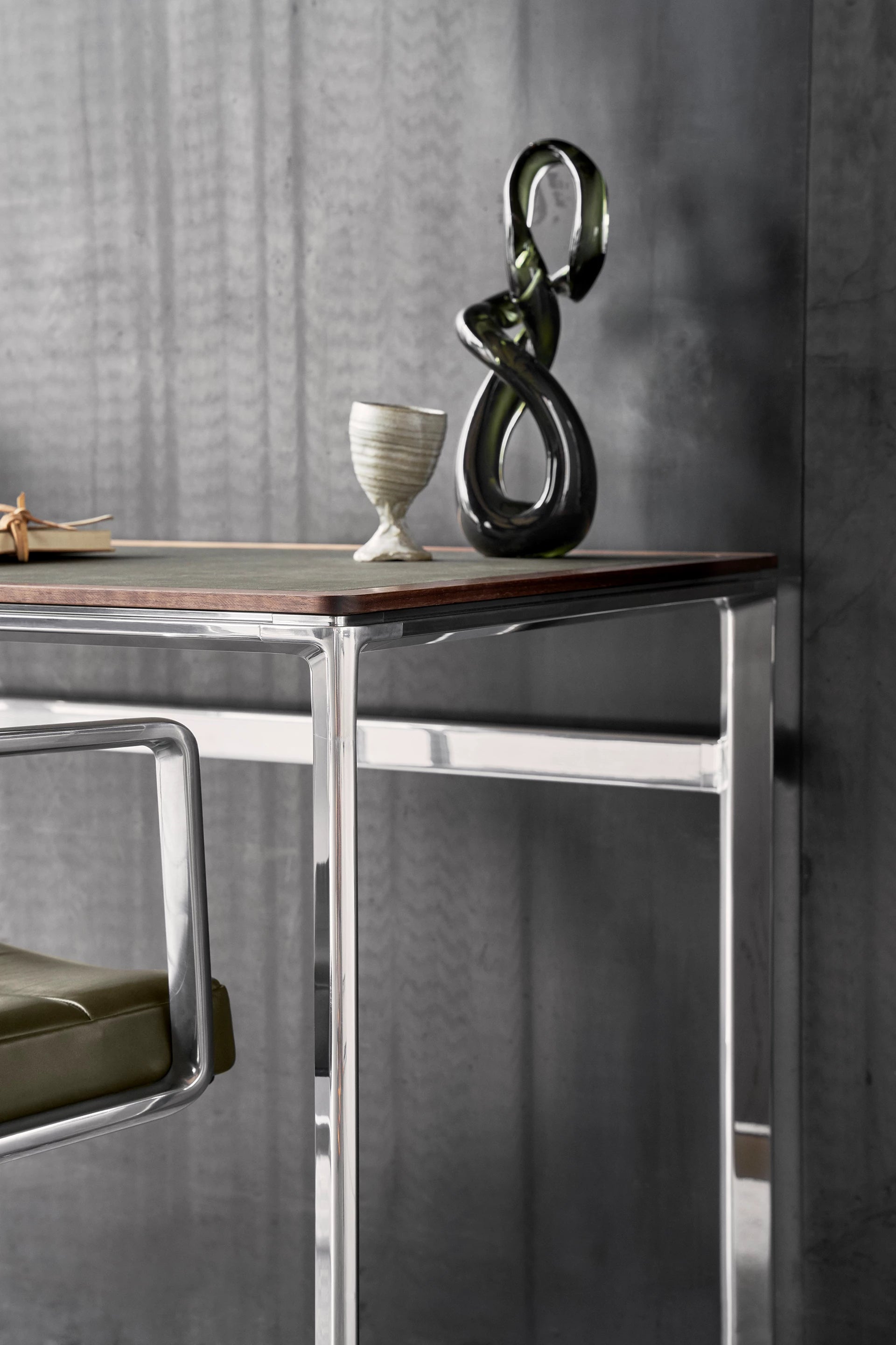 STUDIO Desk with Green Leather Top, Walnut Frame, and Aluminum Base