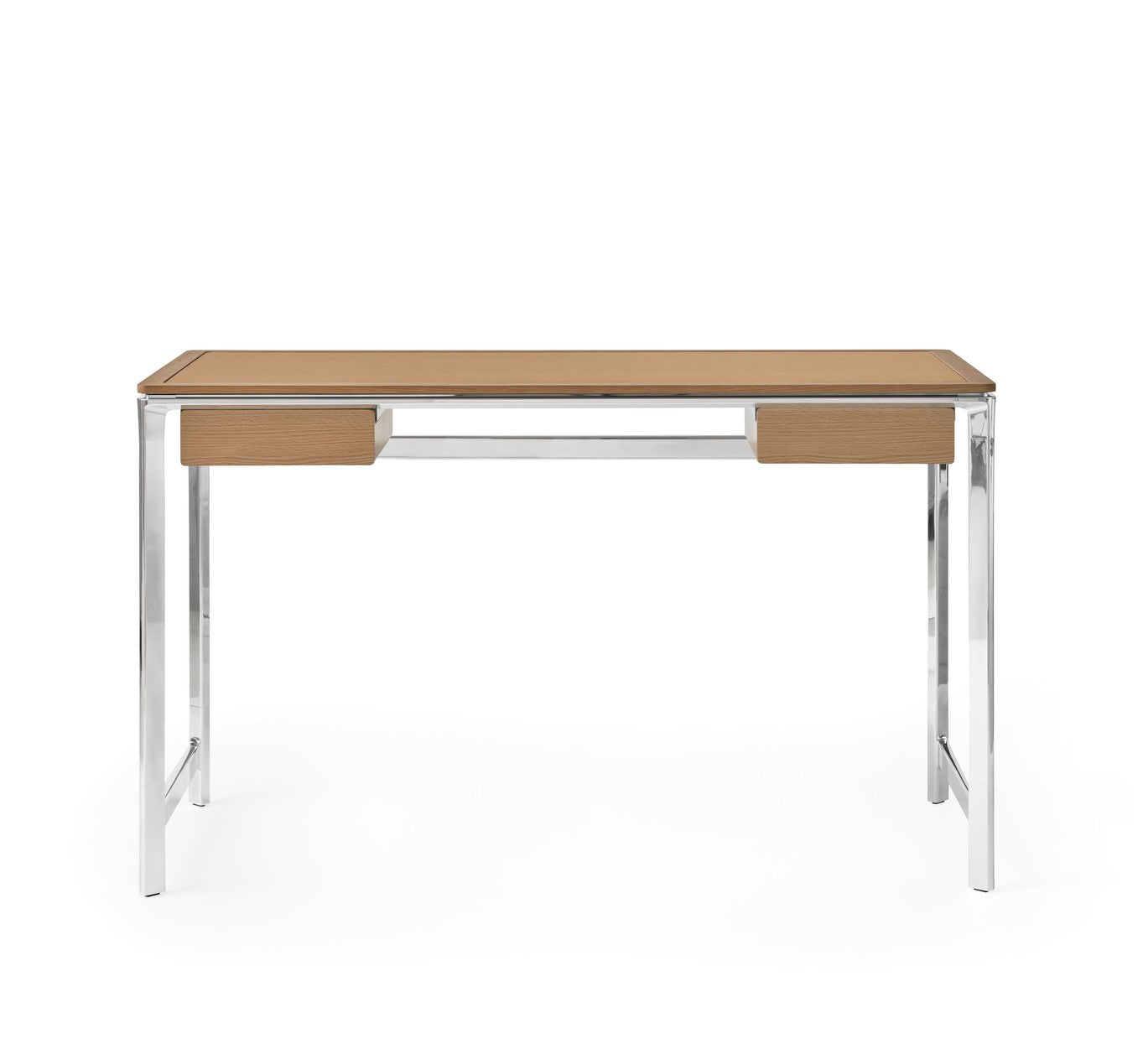 STUDIO Desk with Camel Leather Top, Oak Frame, and Aluminum Base