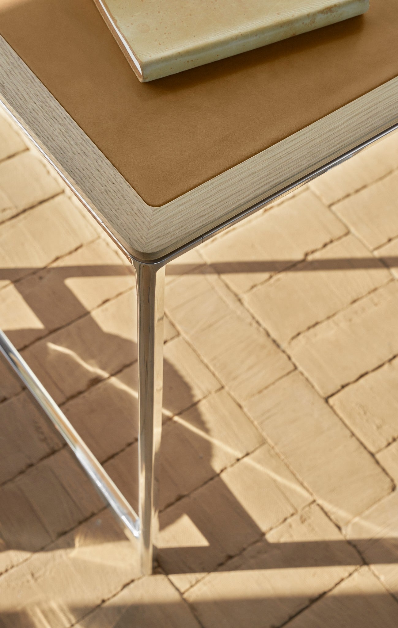 STUDIO Desk with Camel Leather Top, Oak Frame, and Aluminum Base
